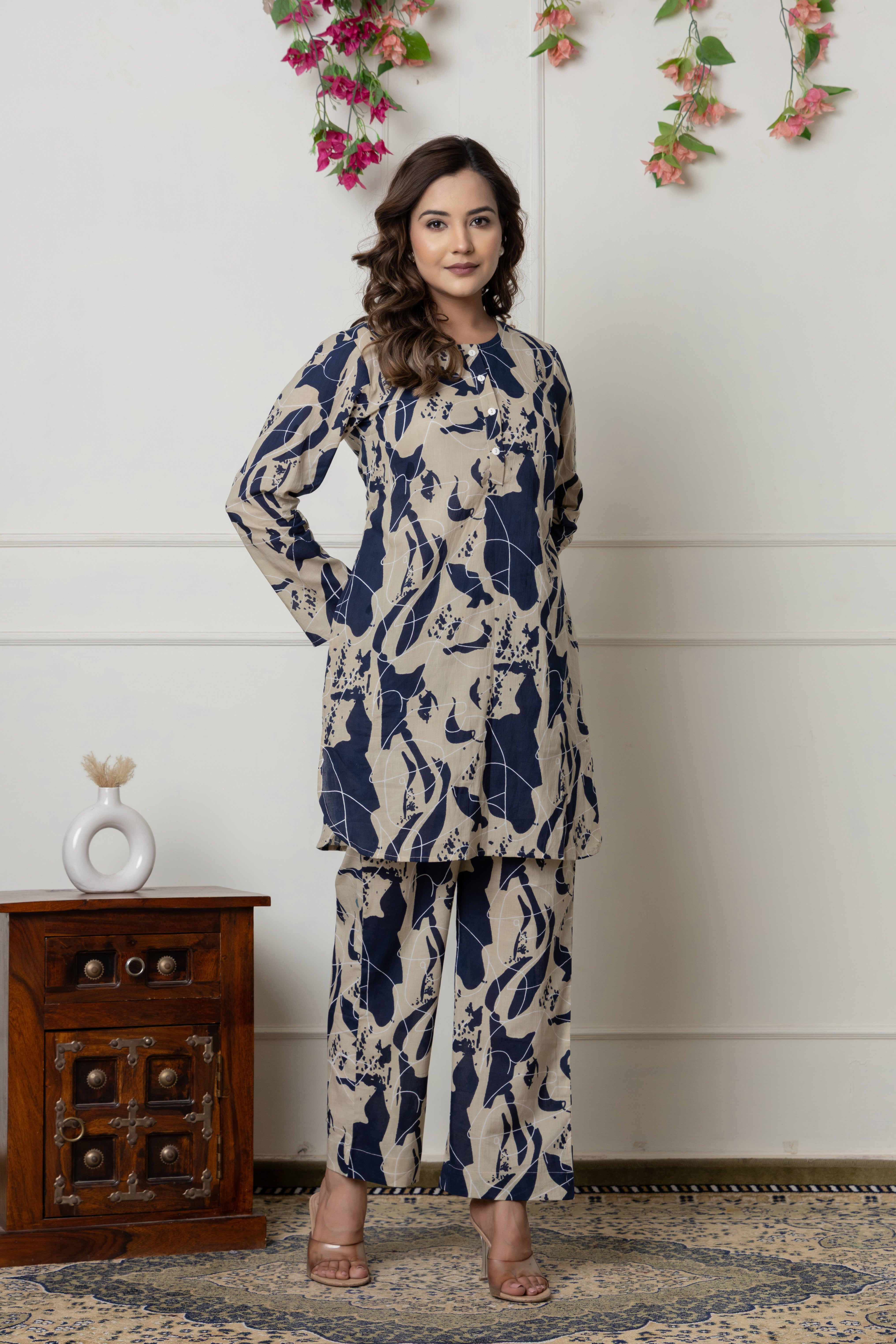 Navy & Beige Abstract Printed Cotton Co-ord Set