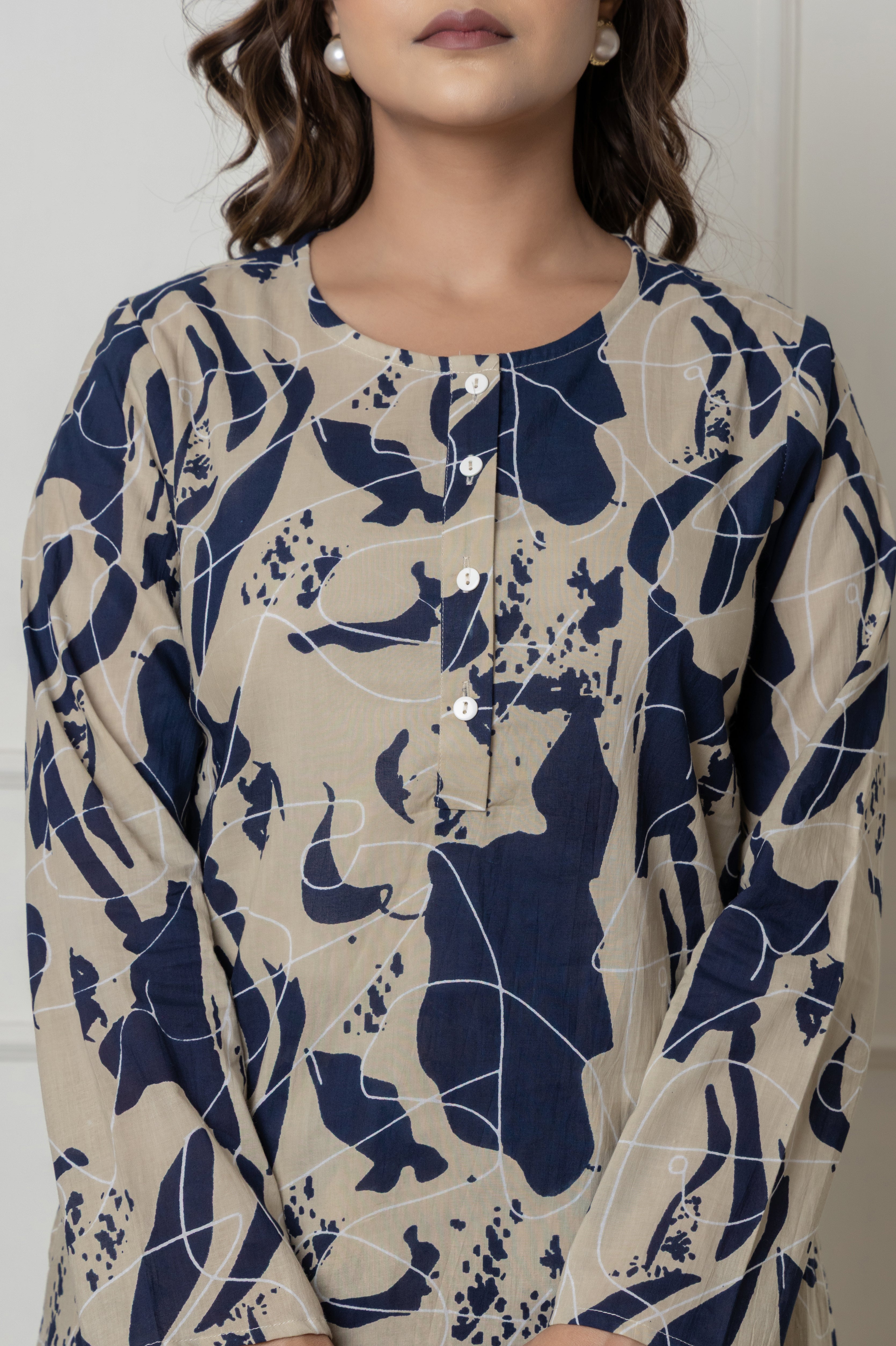 Navy & Beige Abstract Printed Cotton Co-ord Set