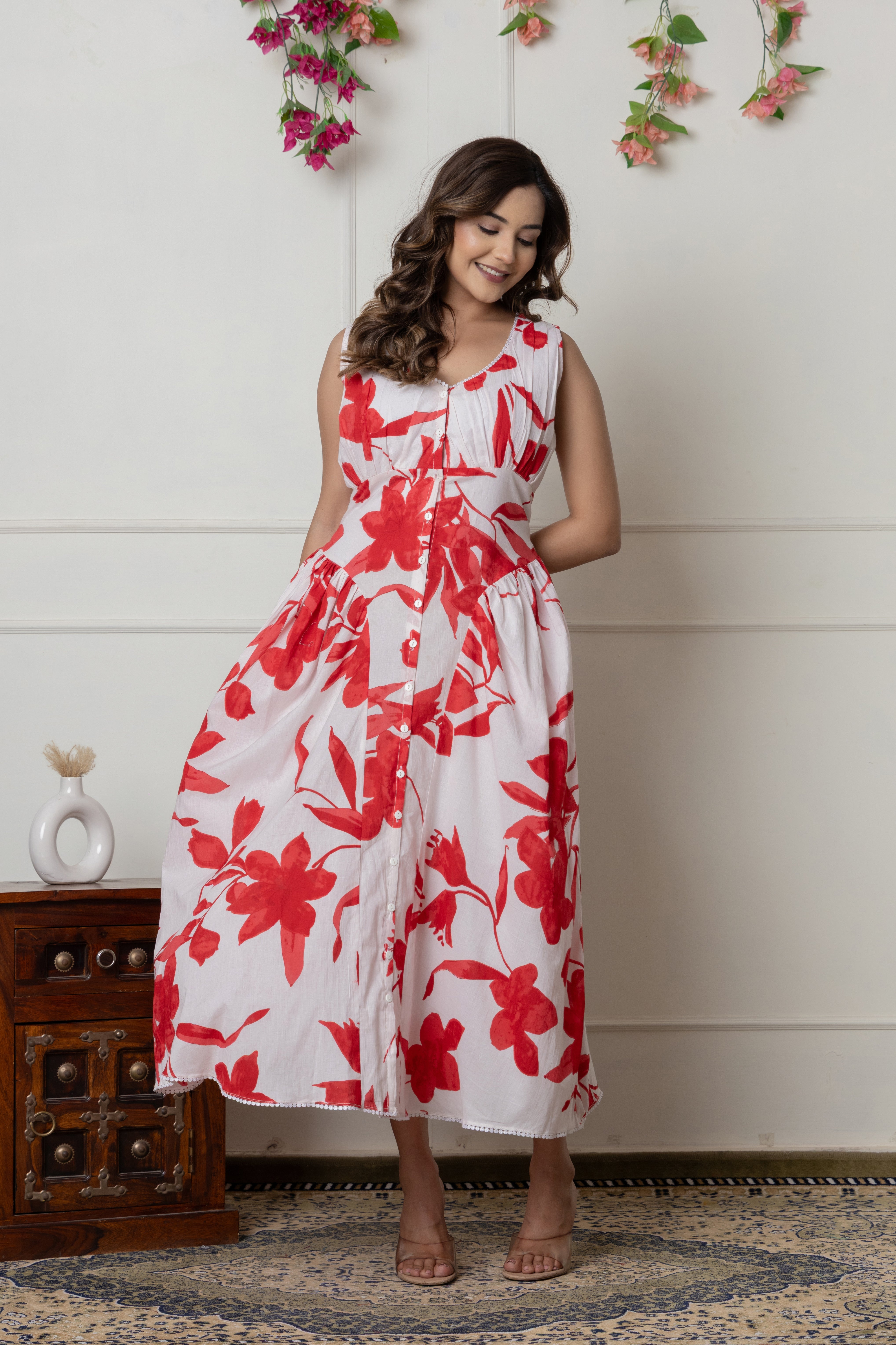White & Red Floral Printed Sleeveless Cotton Dress