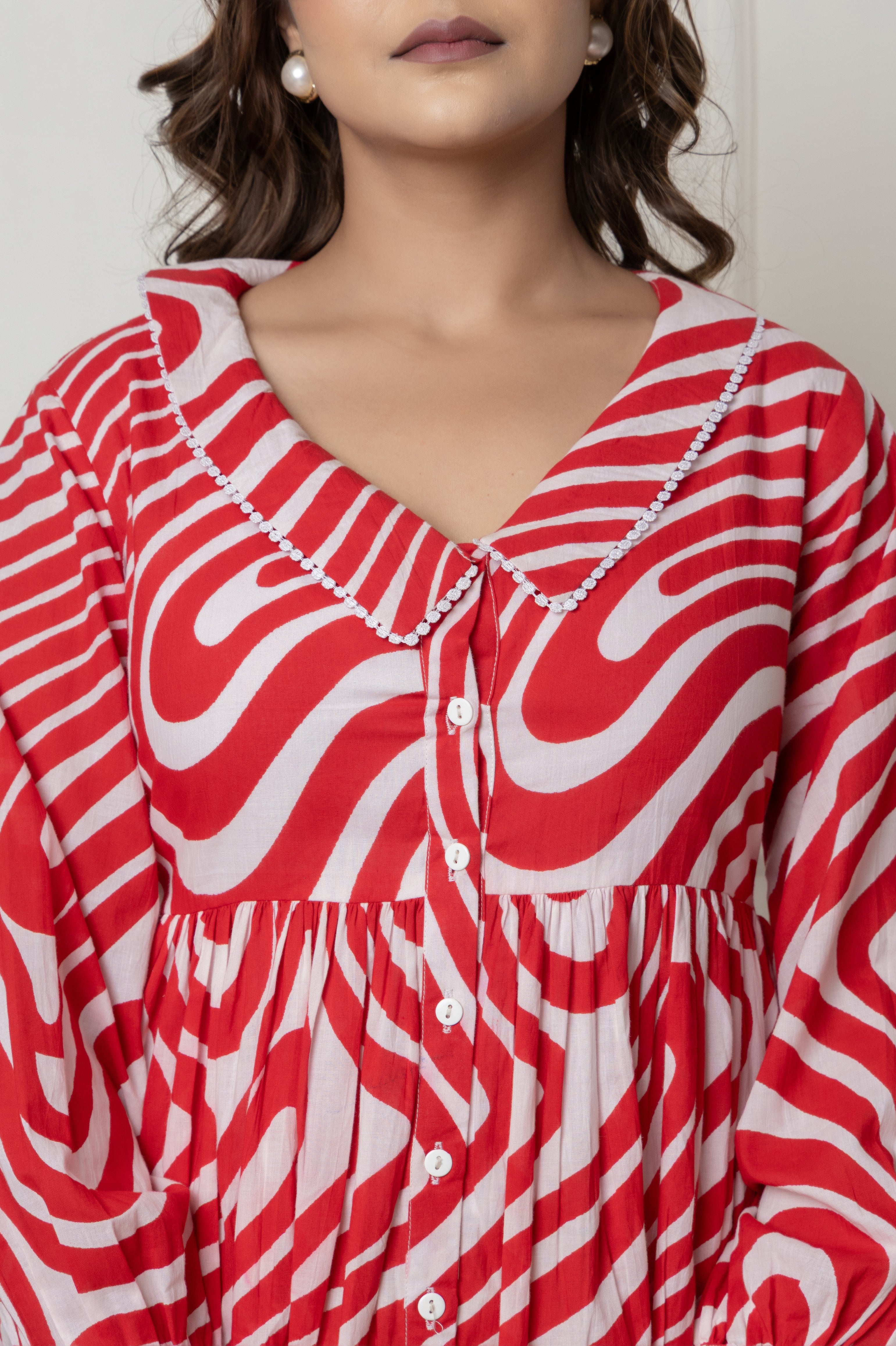 Red & White Swirl Print Cotton Short Dress with Lace Neck Detailing