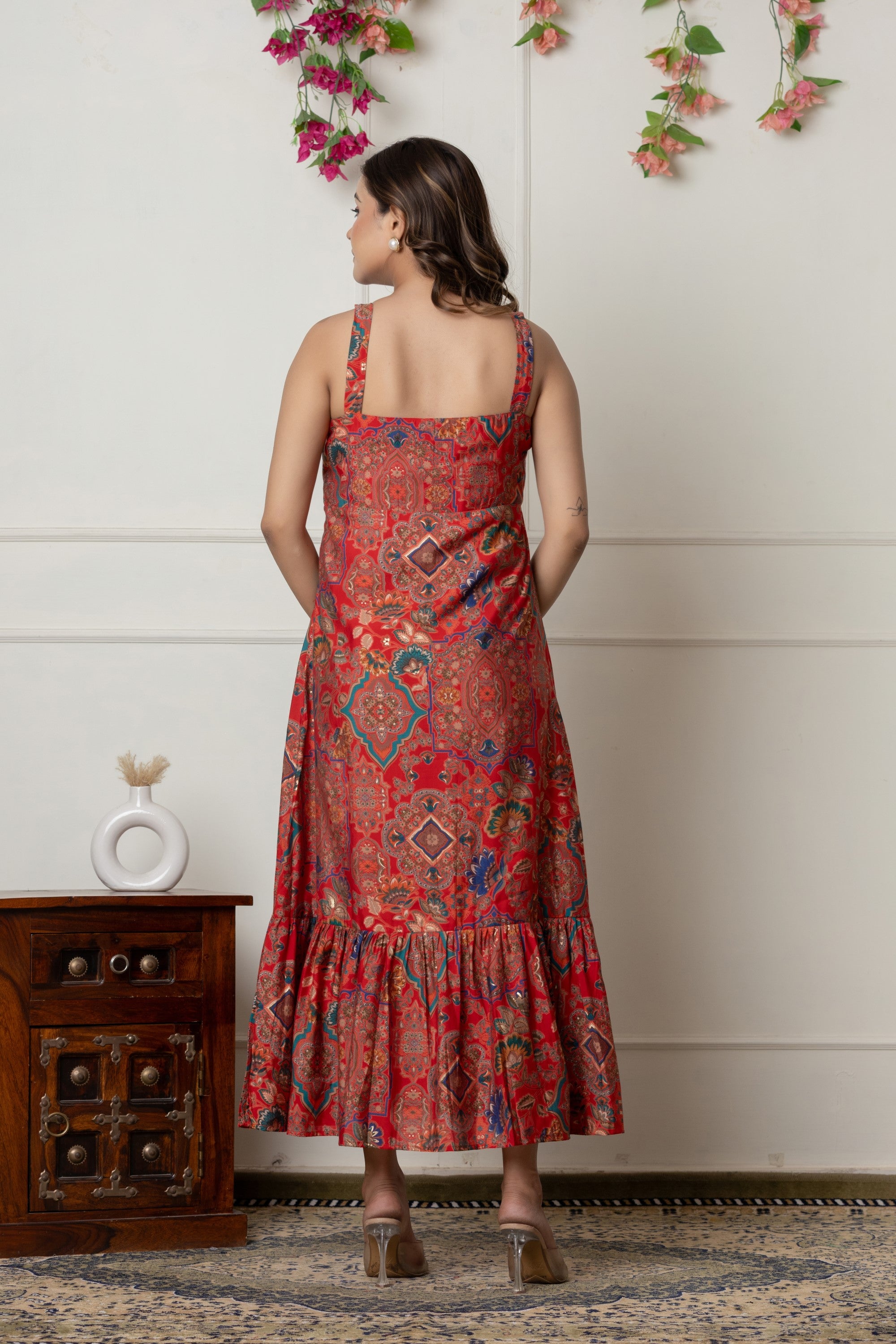 Red Printed Muslin Maxi Dress with Knot Detail & Side Zip
