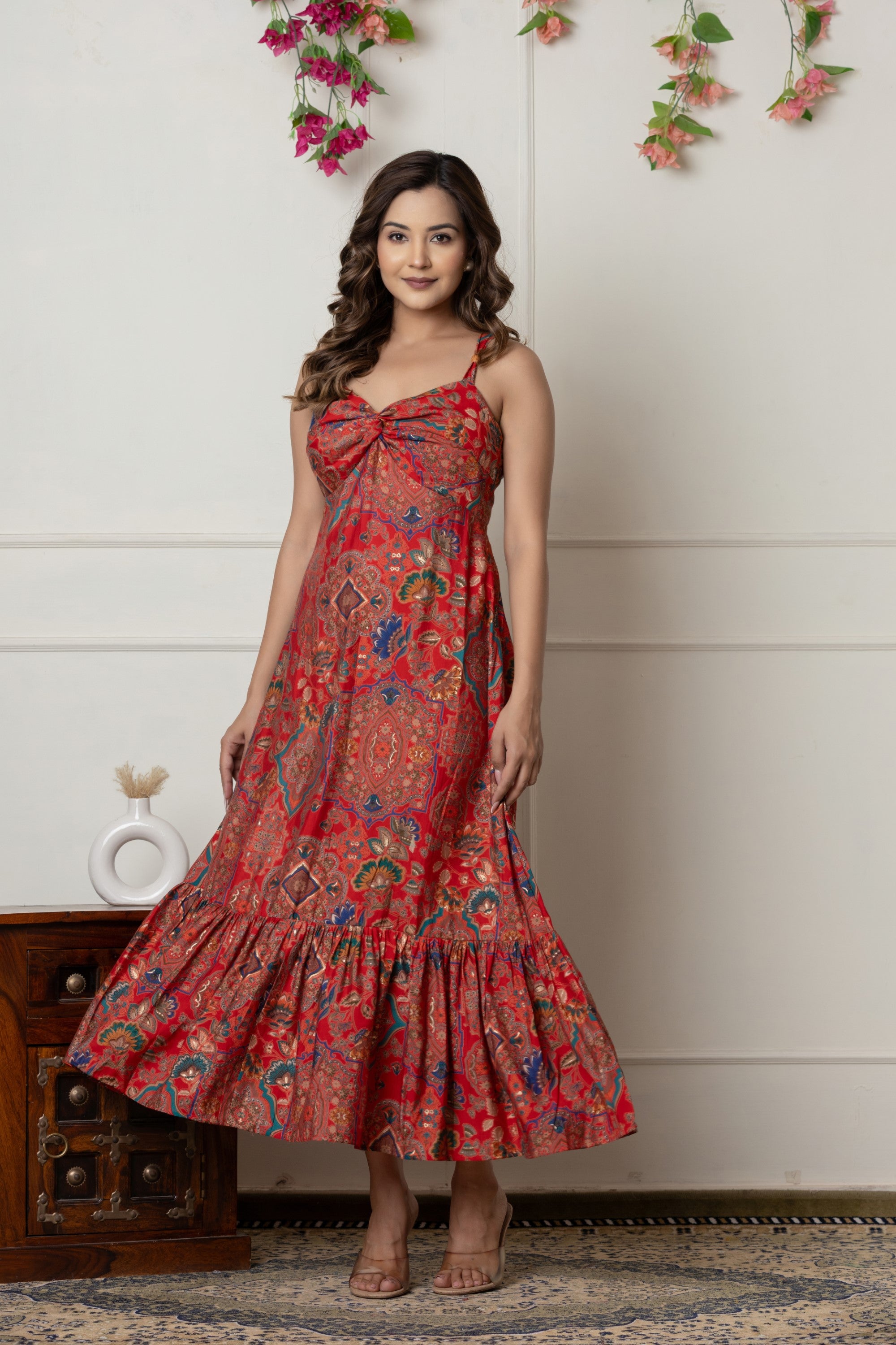 Red Printed Muslin Maxi Dress with Knot Detail & Side Zip