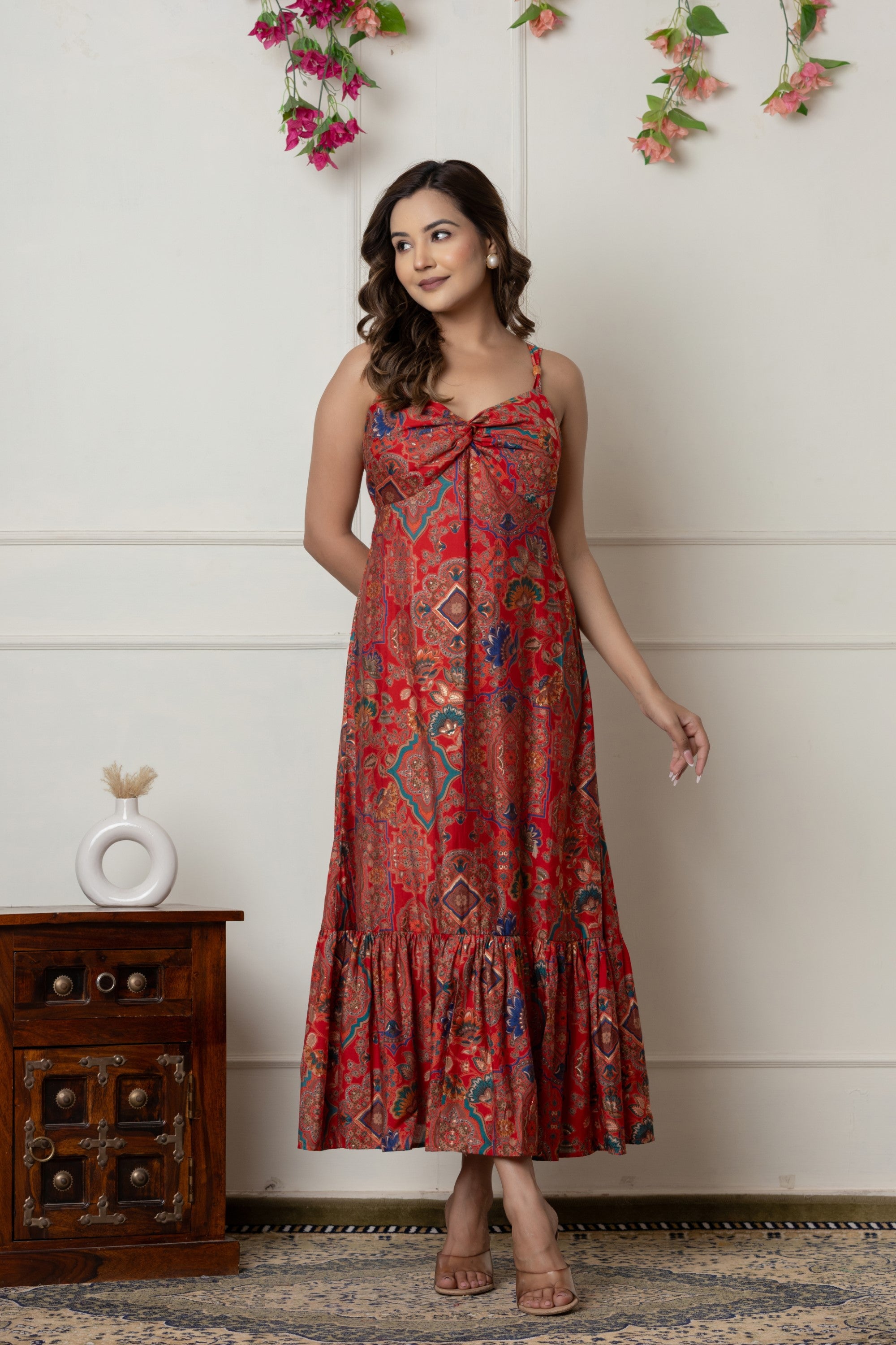 Red Printed Muslin Maxi Dress with Knot Detail & Side Zip