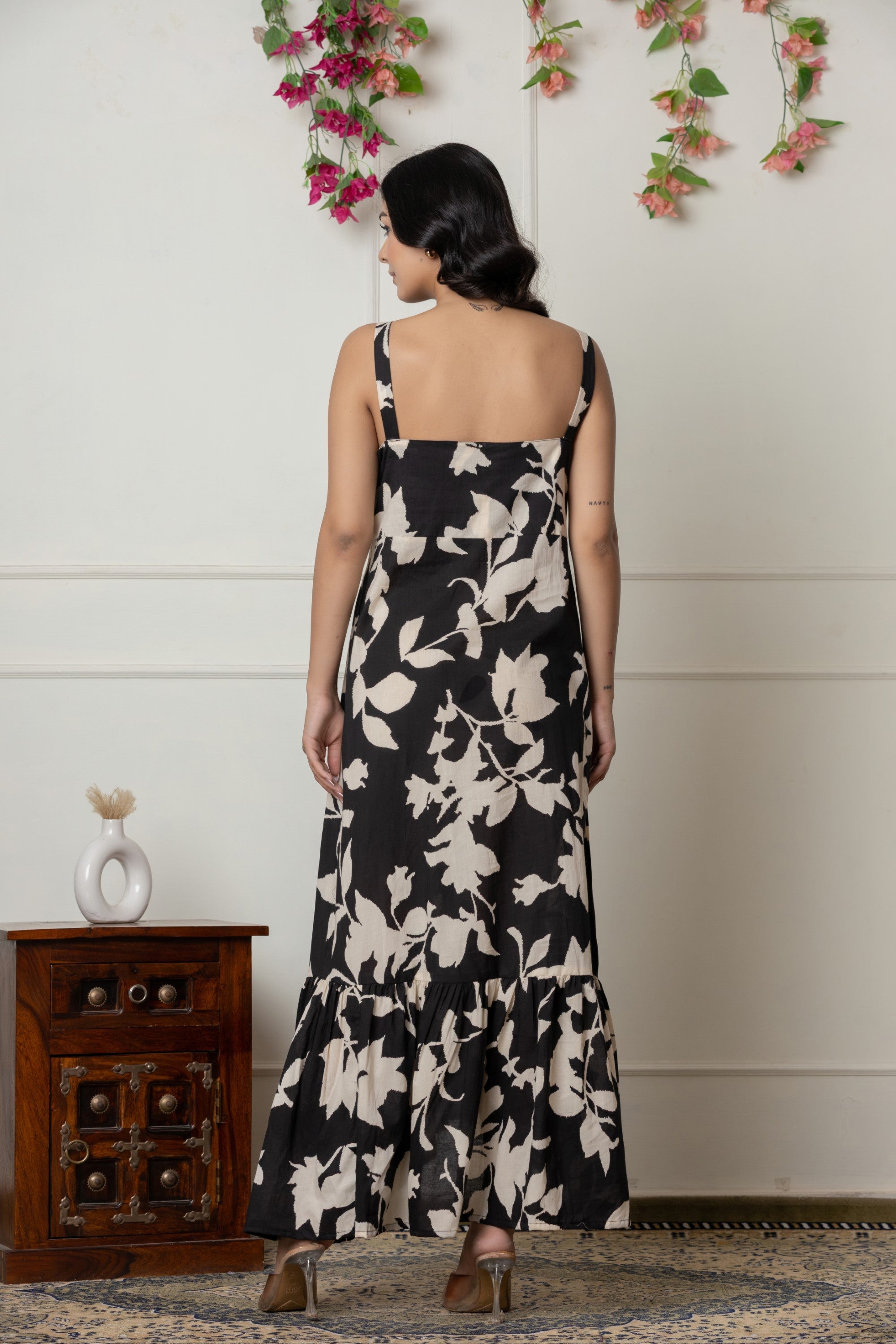 Black & Beige Floral Print Cut-Out Maxi Dress