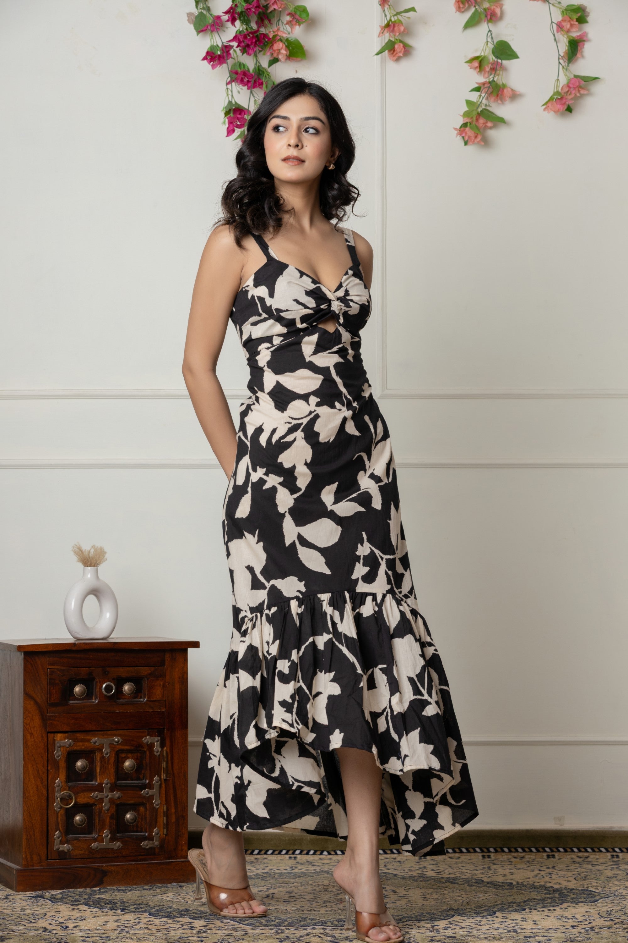 Black & Beige Floral Print Cut-Out Maxi Dress