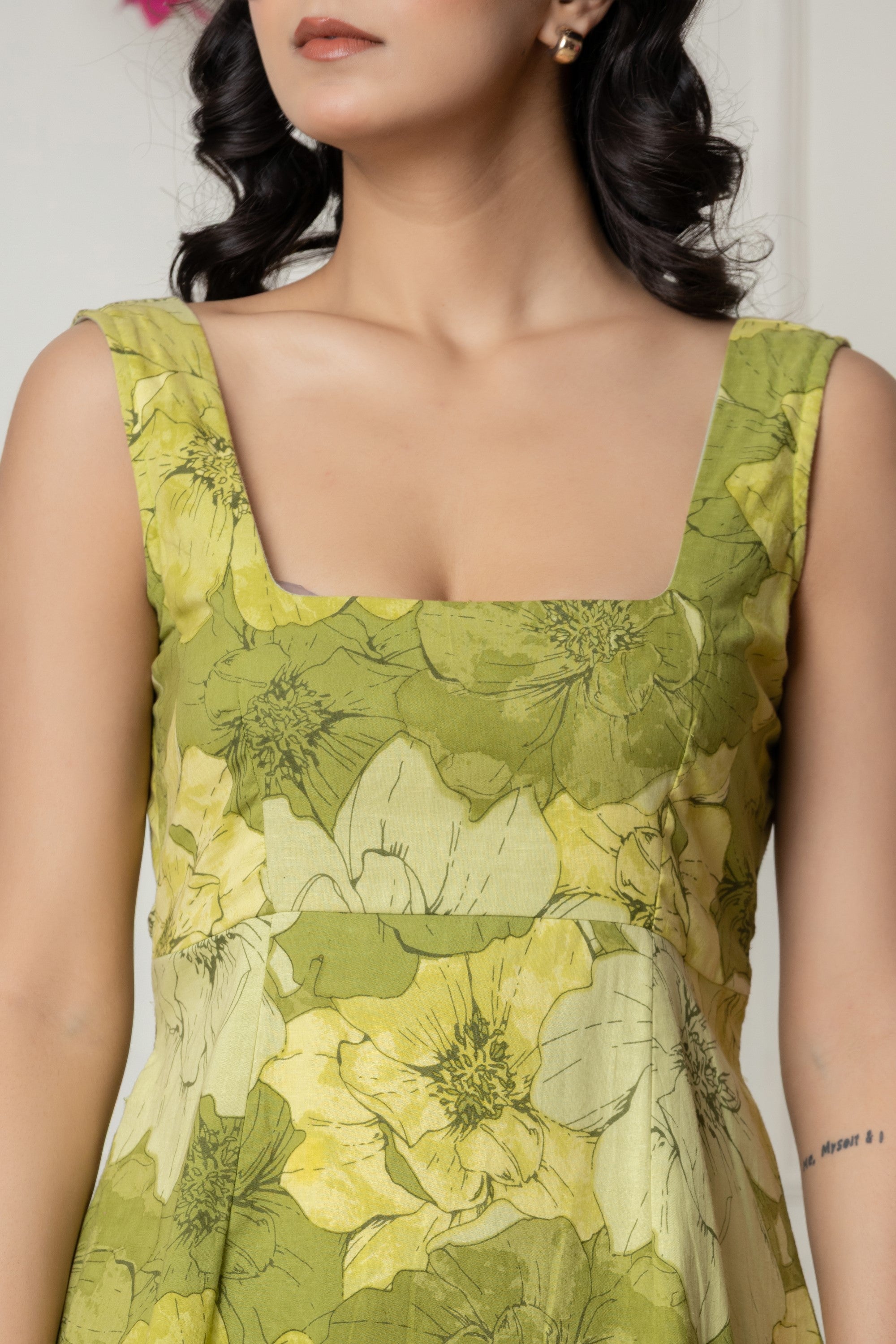 Green Floral Fit & Flare Mini Dress with Bow Back