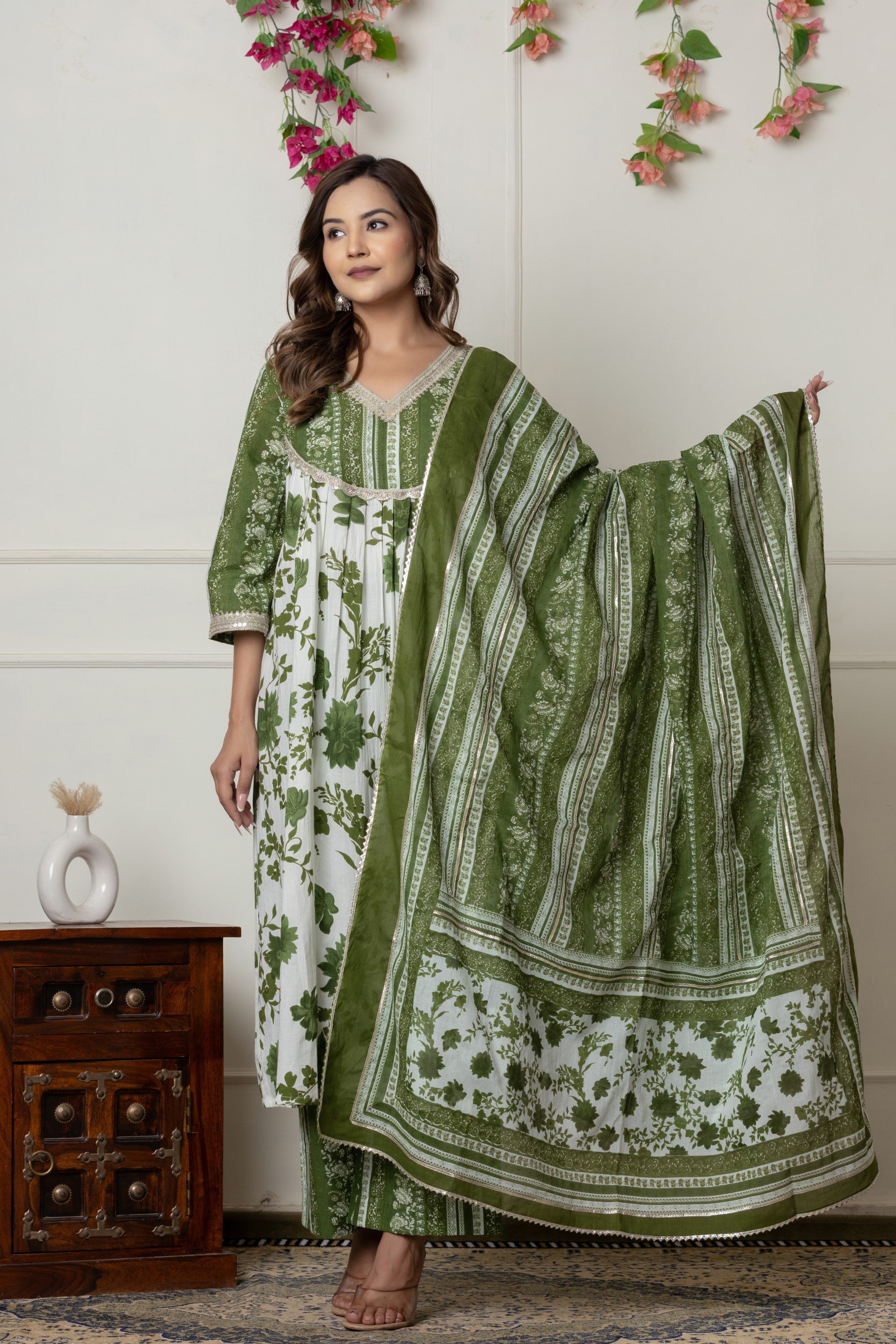 Green & White Floral Printed A-Line Cotton Suit Set with Dupatta