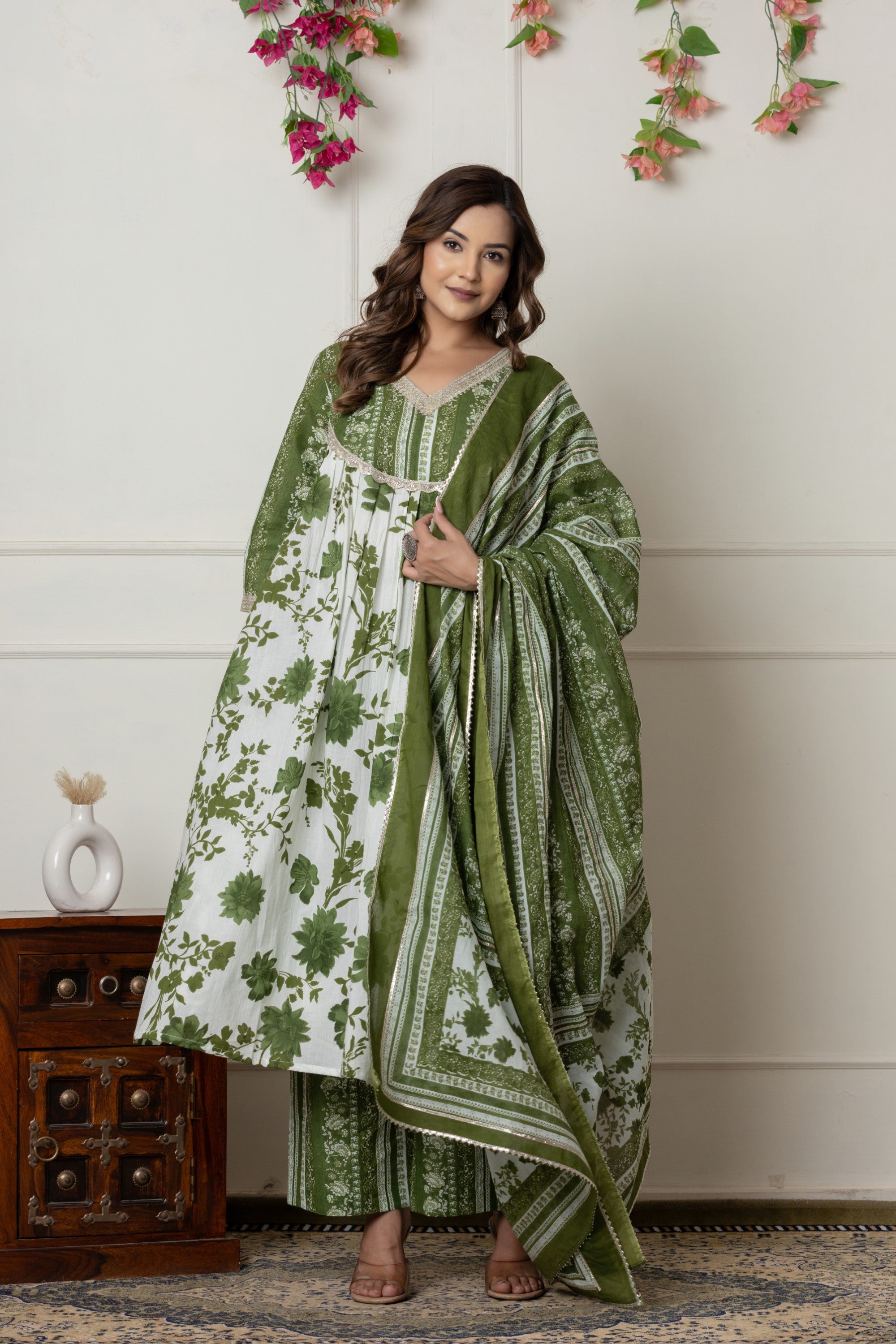 Green & White Floral Printed A-Line Cotton Suit Set with Dupatta