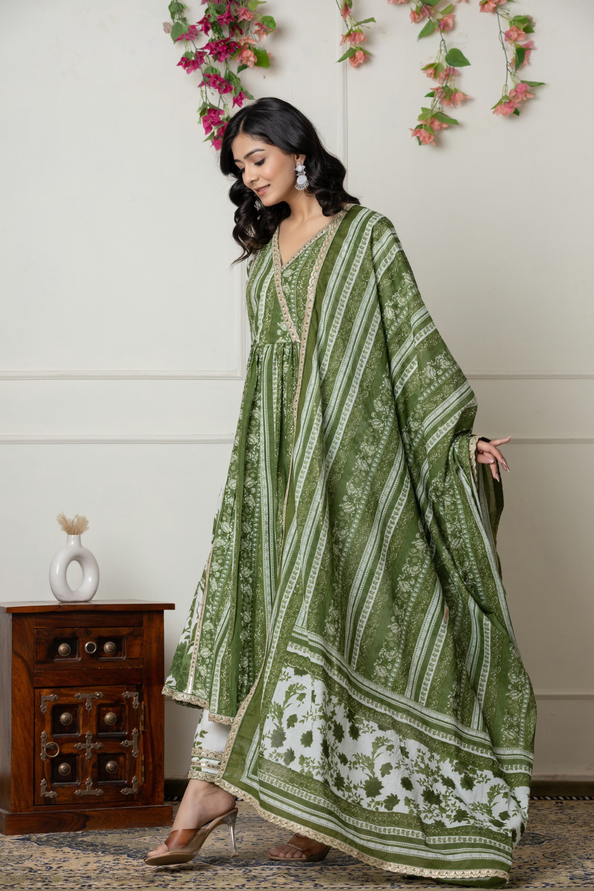 Green Floral Printed Anarkali Kurta Set