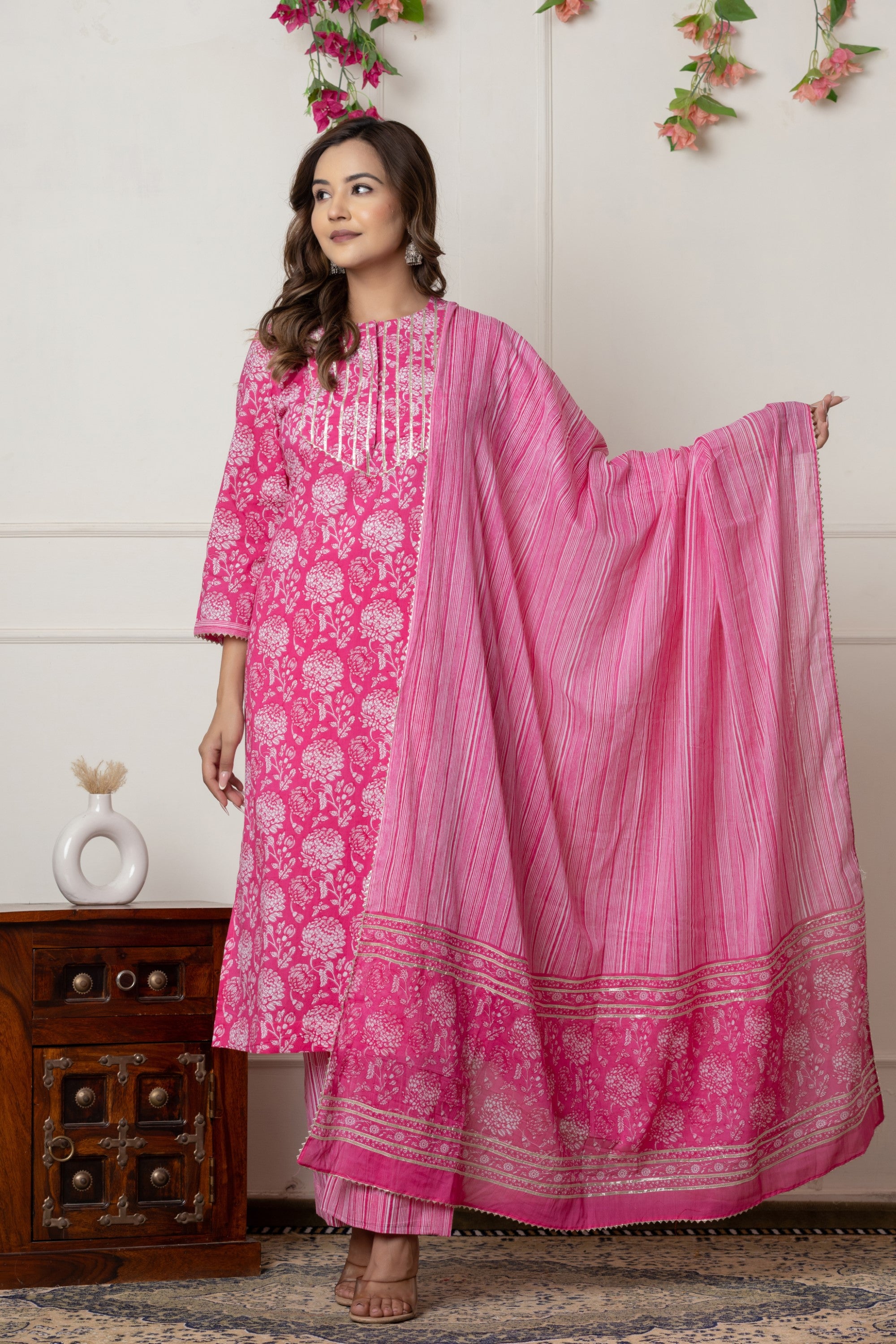 Pink Floral Printed Cotton Suit Set with Dupatta