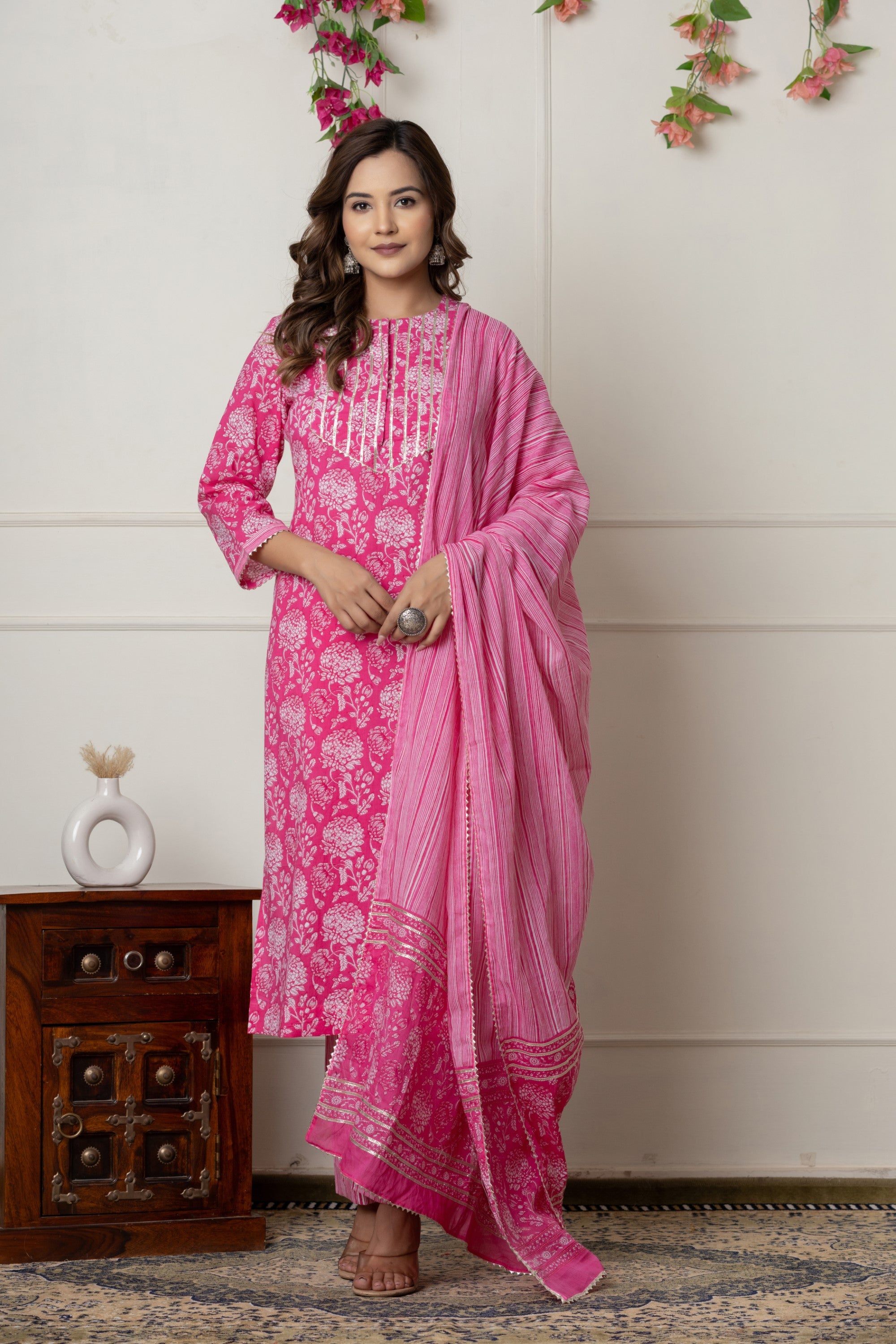 Pink Floral Printed Cotton Suit Set with Dupatta