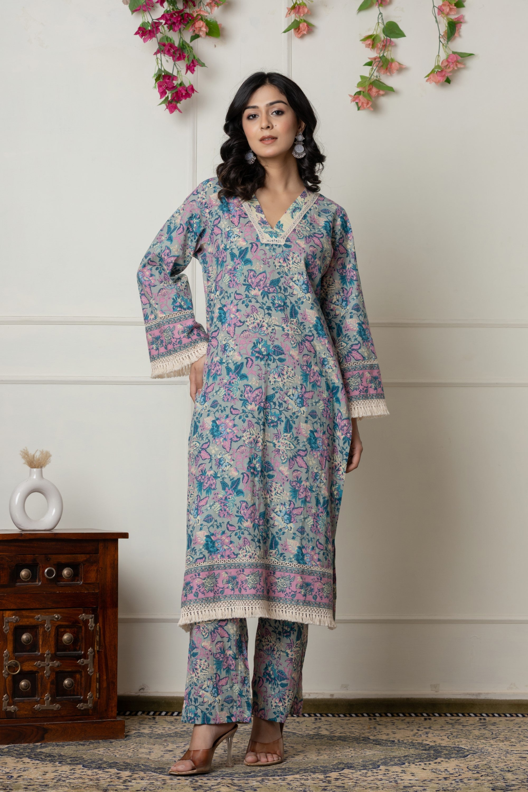 Pastel Blue & Pink Floral Printed Cotton Suit Set