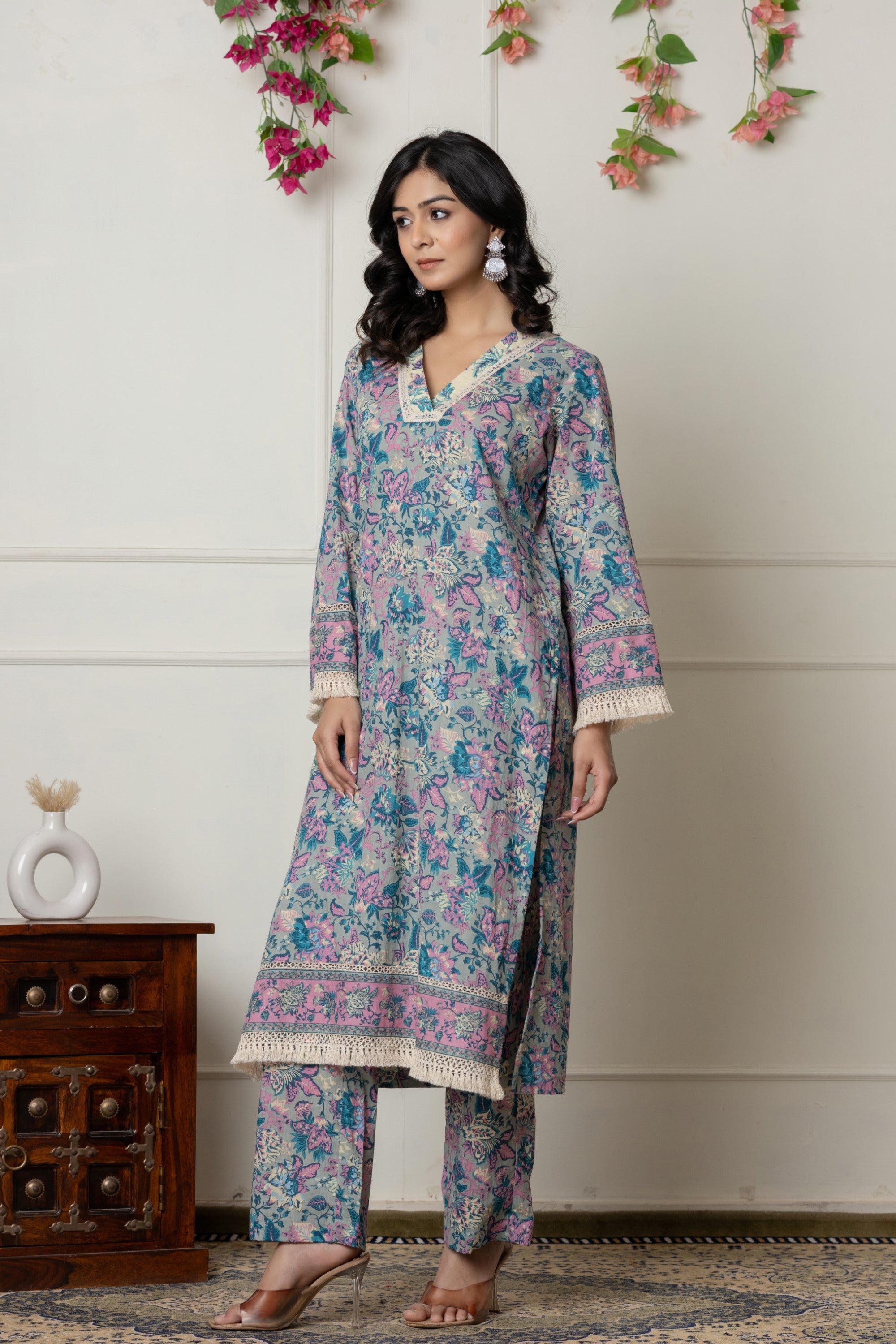 Pastel Blue & Pink Floral Printed Cotton Suit Set