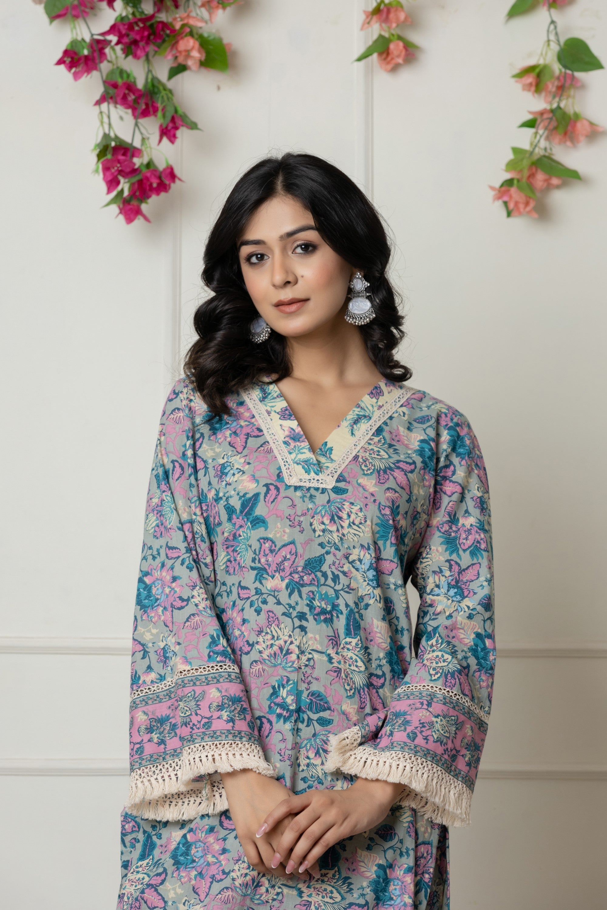 Pastel Blue & Pink Floral Printed Cotton Suit Set