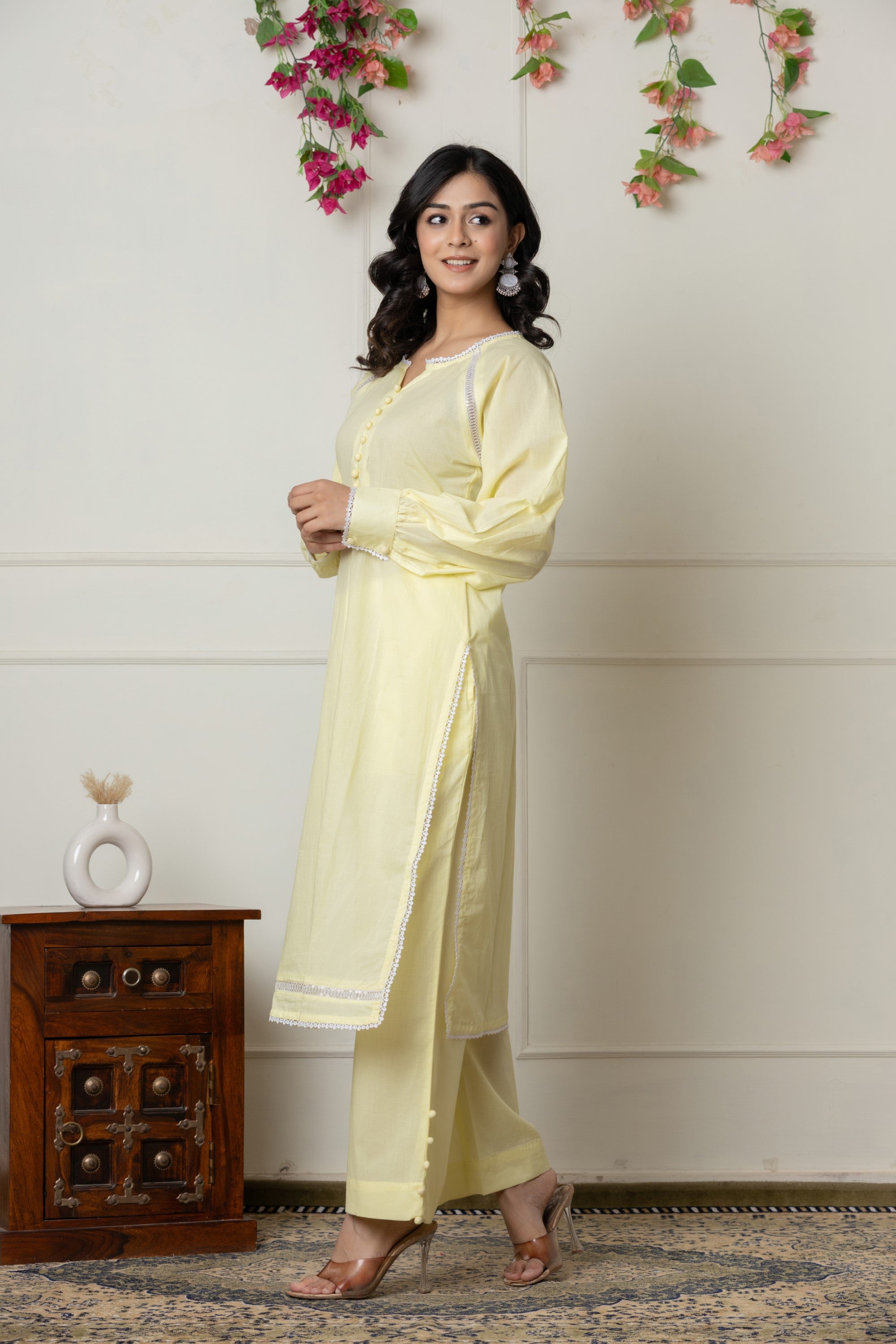 Lemon Yellow 2-Piece Cotton Ensemble with Lace Detailing