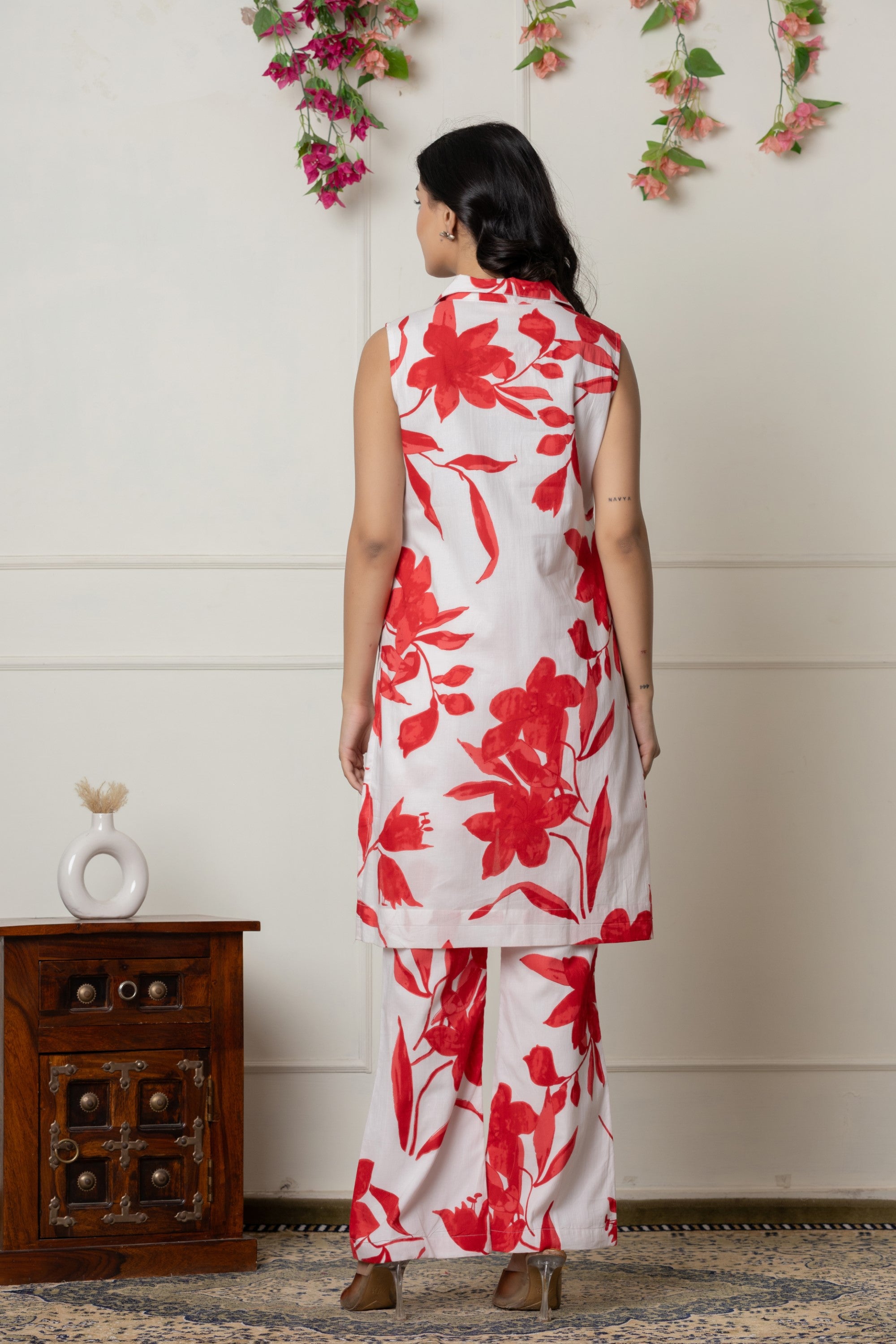 Red & White Floral Printed Sleeveless Co-ord Set