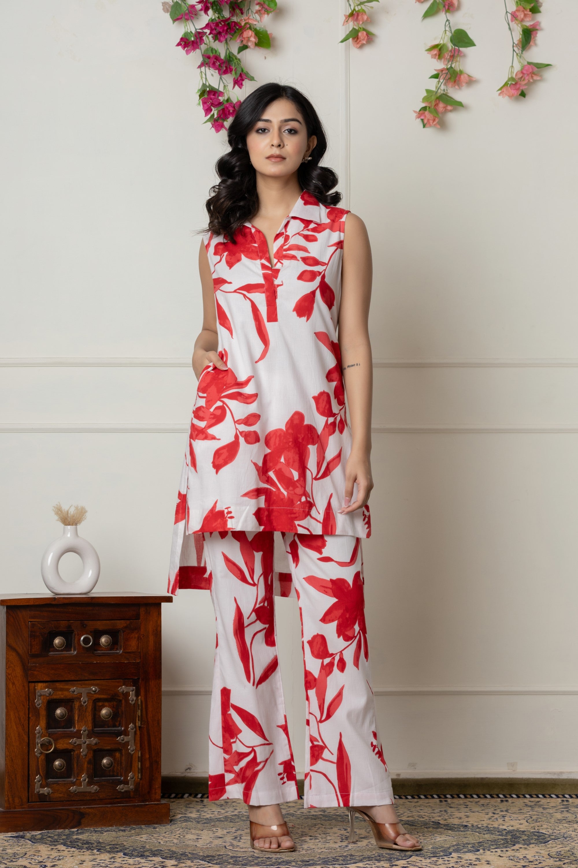 Red & White Floral Printed Sleeveless Co-ord Set