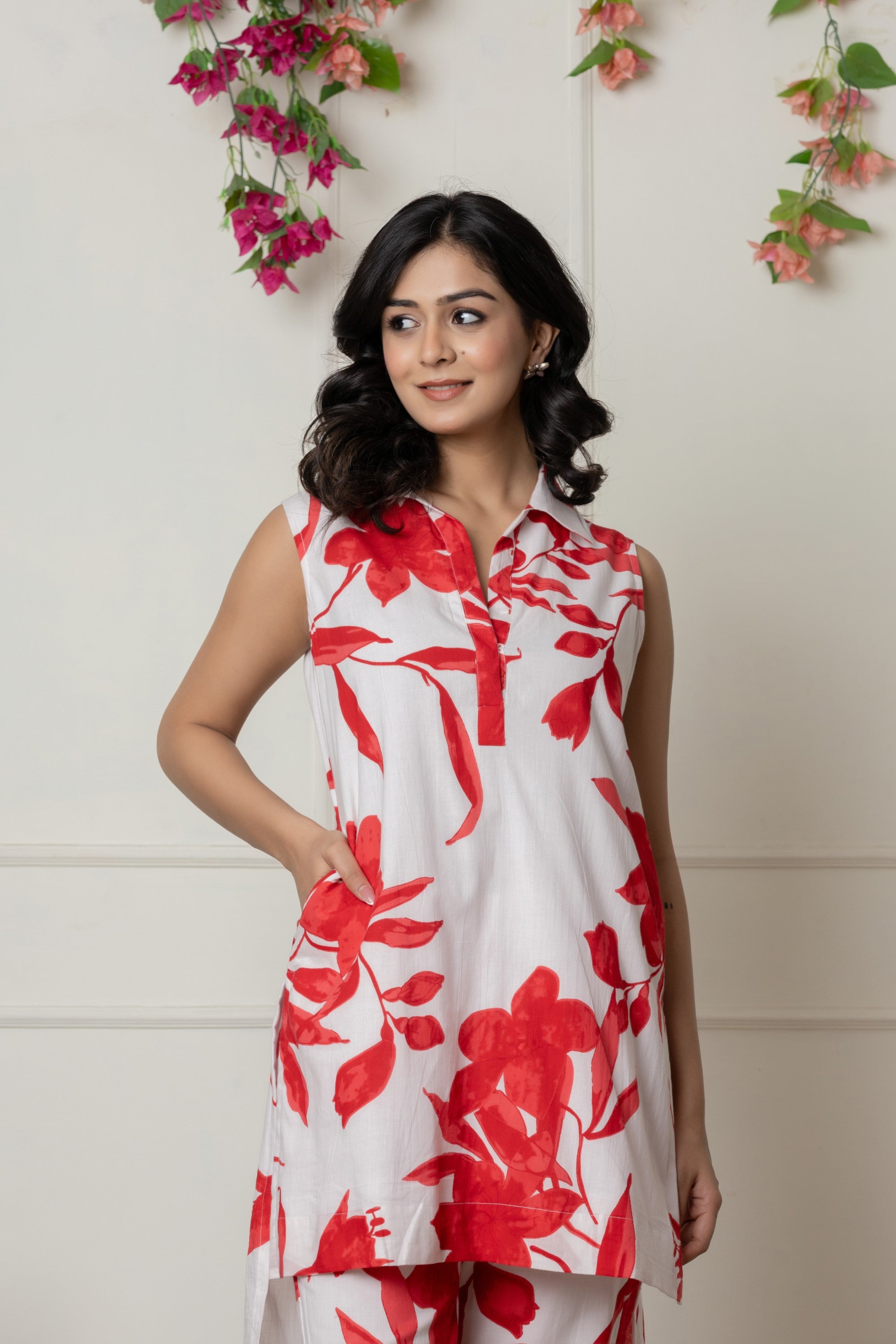 Red & White Floral Printed Sleeveless Co-ord Set