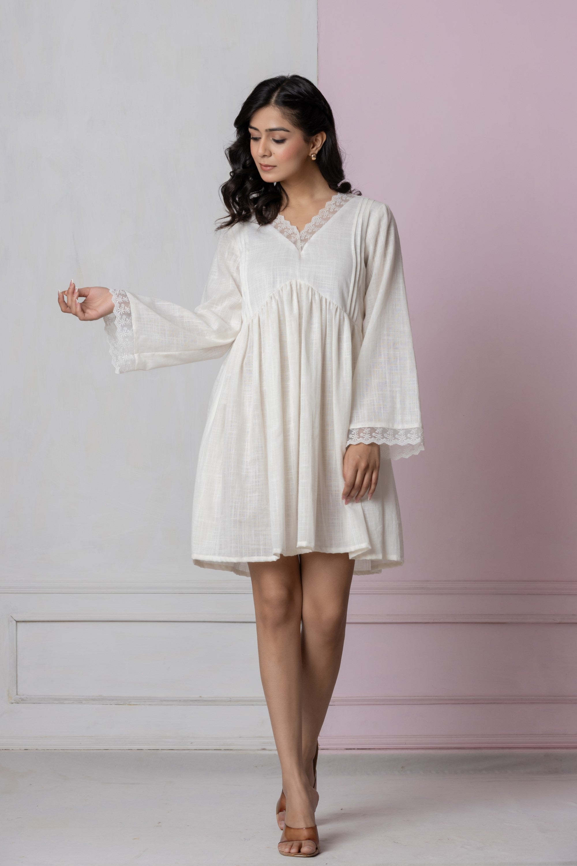 Ivory Lace Trim Short Dress
