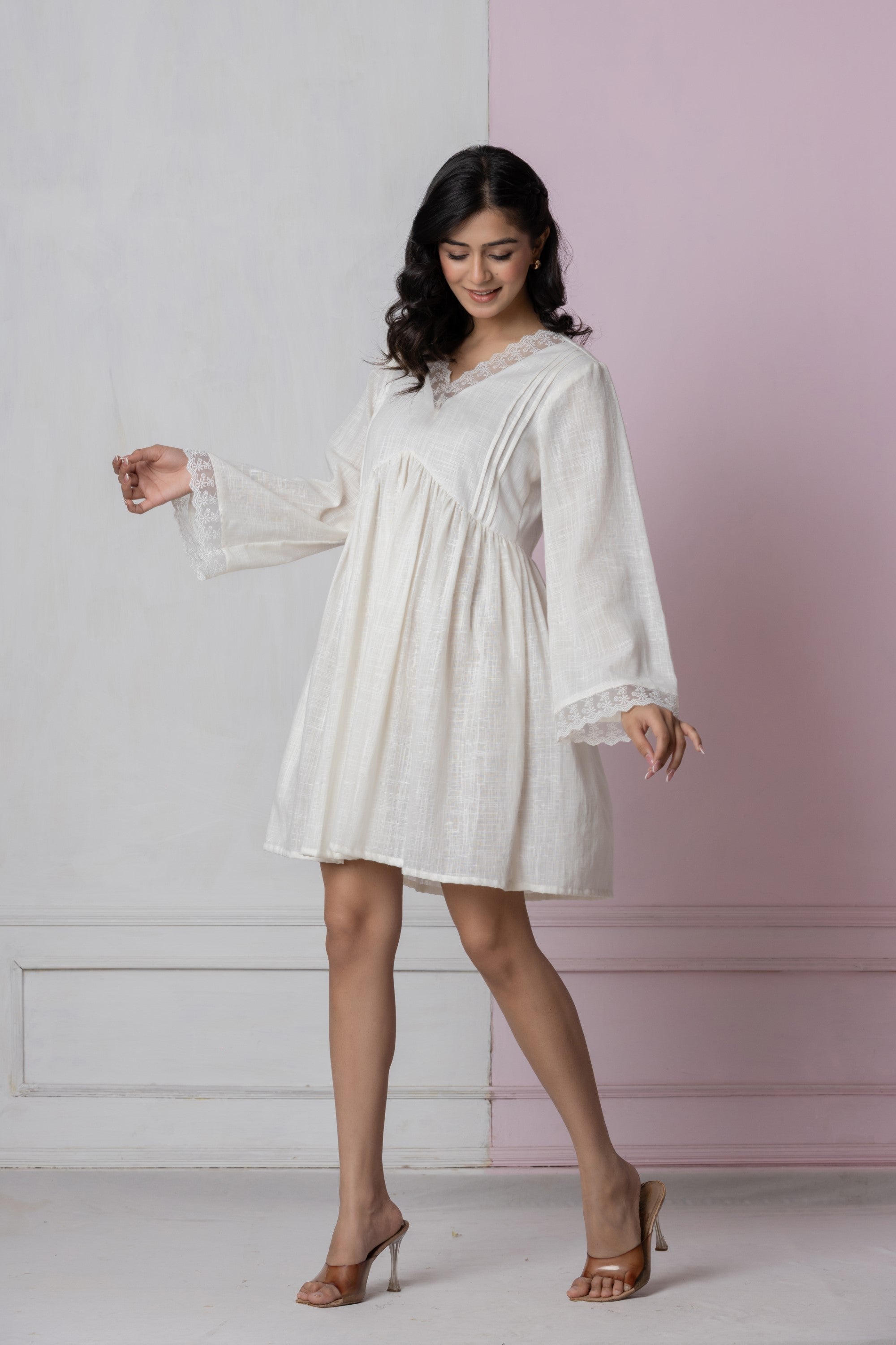 Ivory Lace Trim Short Dress