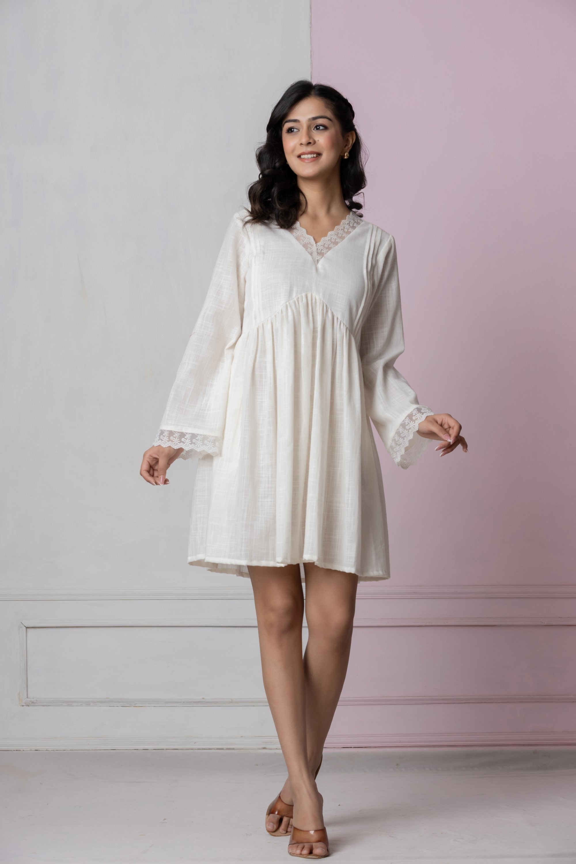 Ivory Lace Trim Short Dress