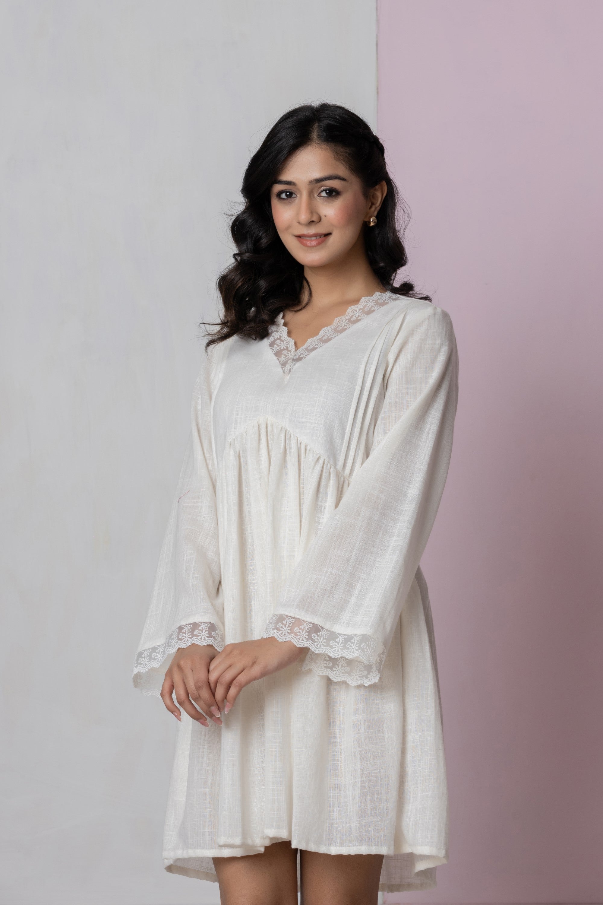 Ivory Lace Trim Short Dress