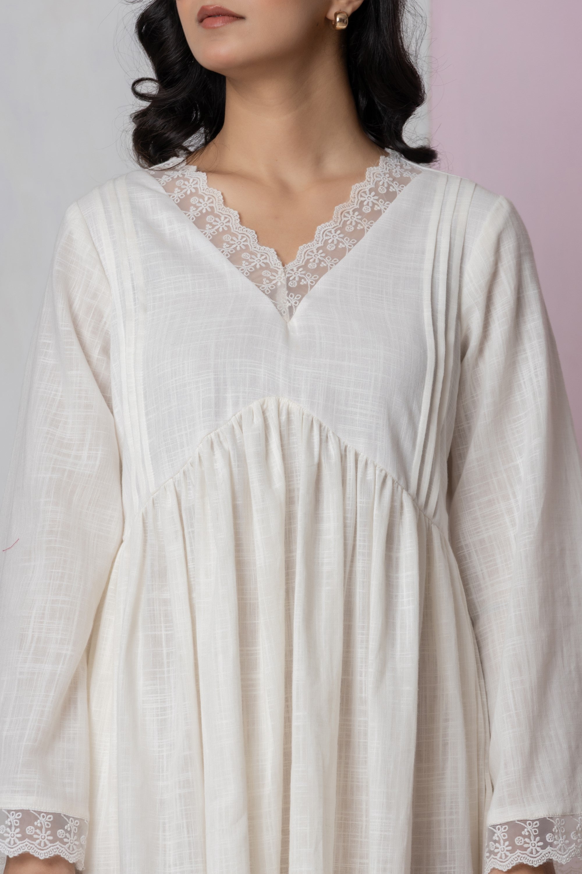 Ivory Lace Trim Short Dress