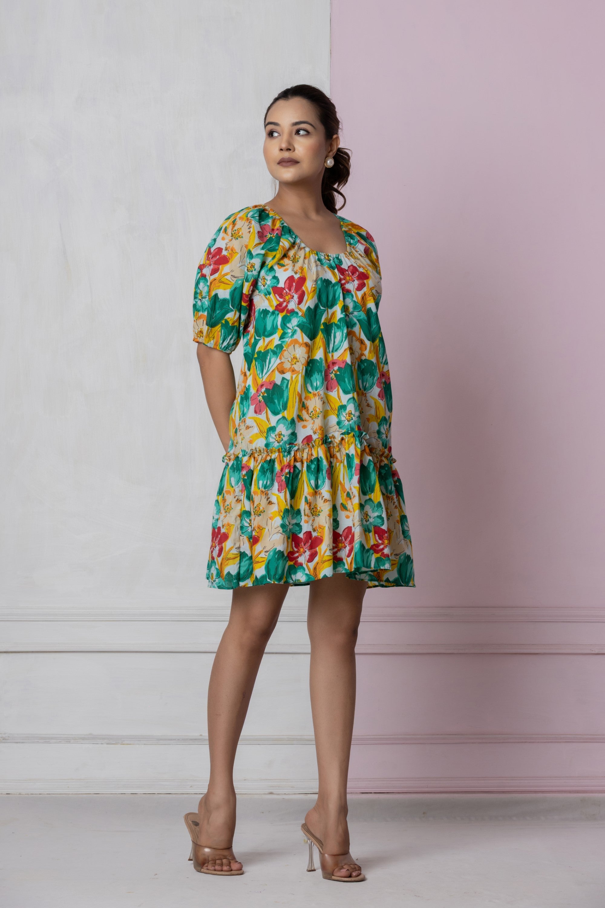 Vibrant Floral Puff Sleeve Dress.