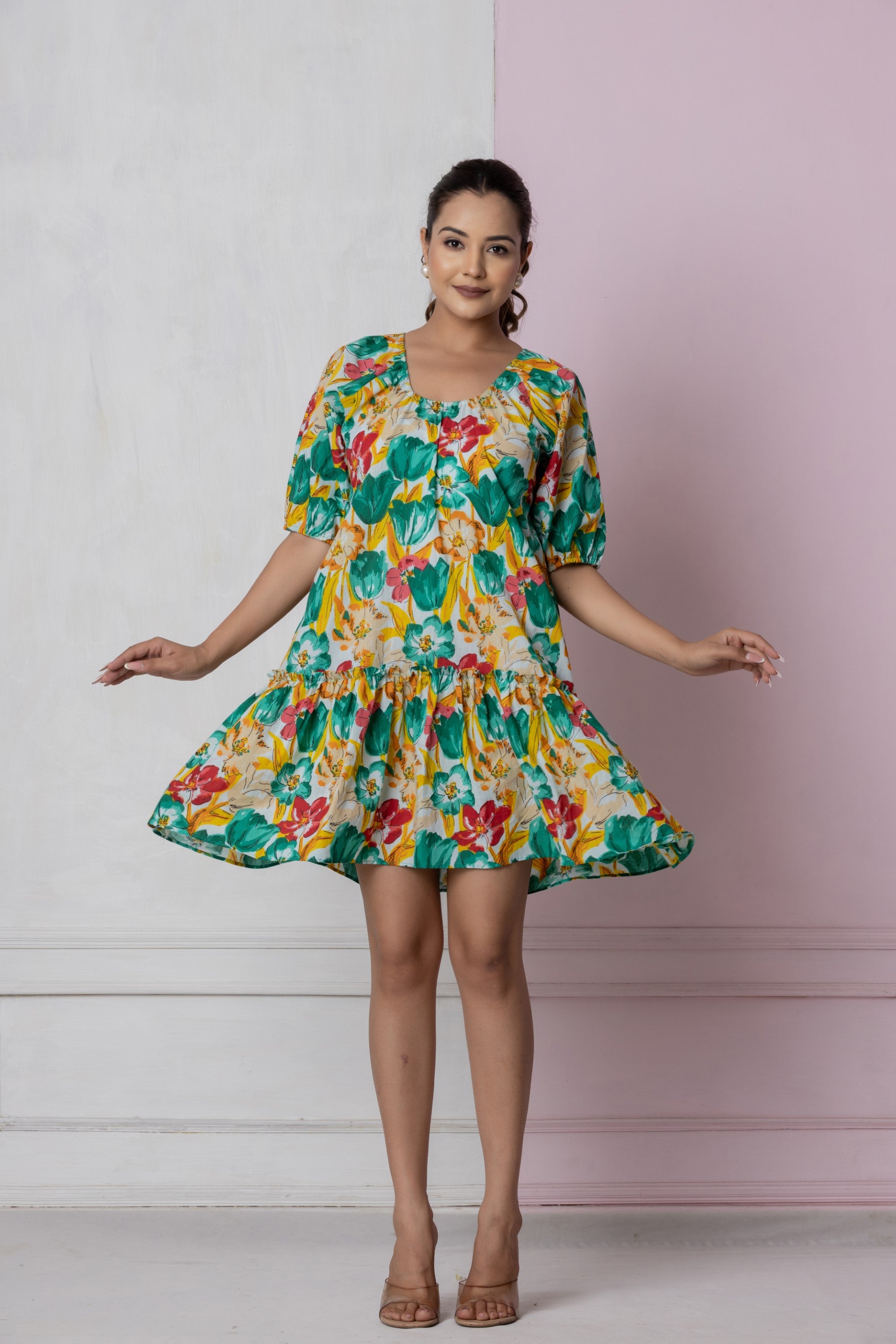 Vibrant Floral Puff Sleeve Dress.