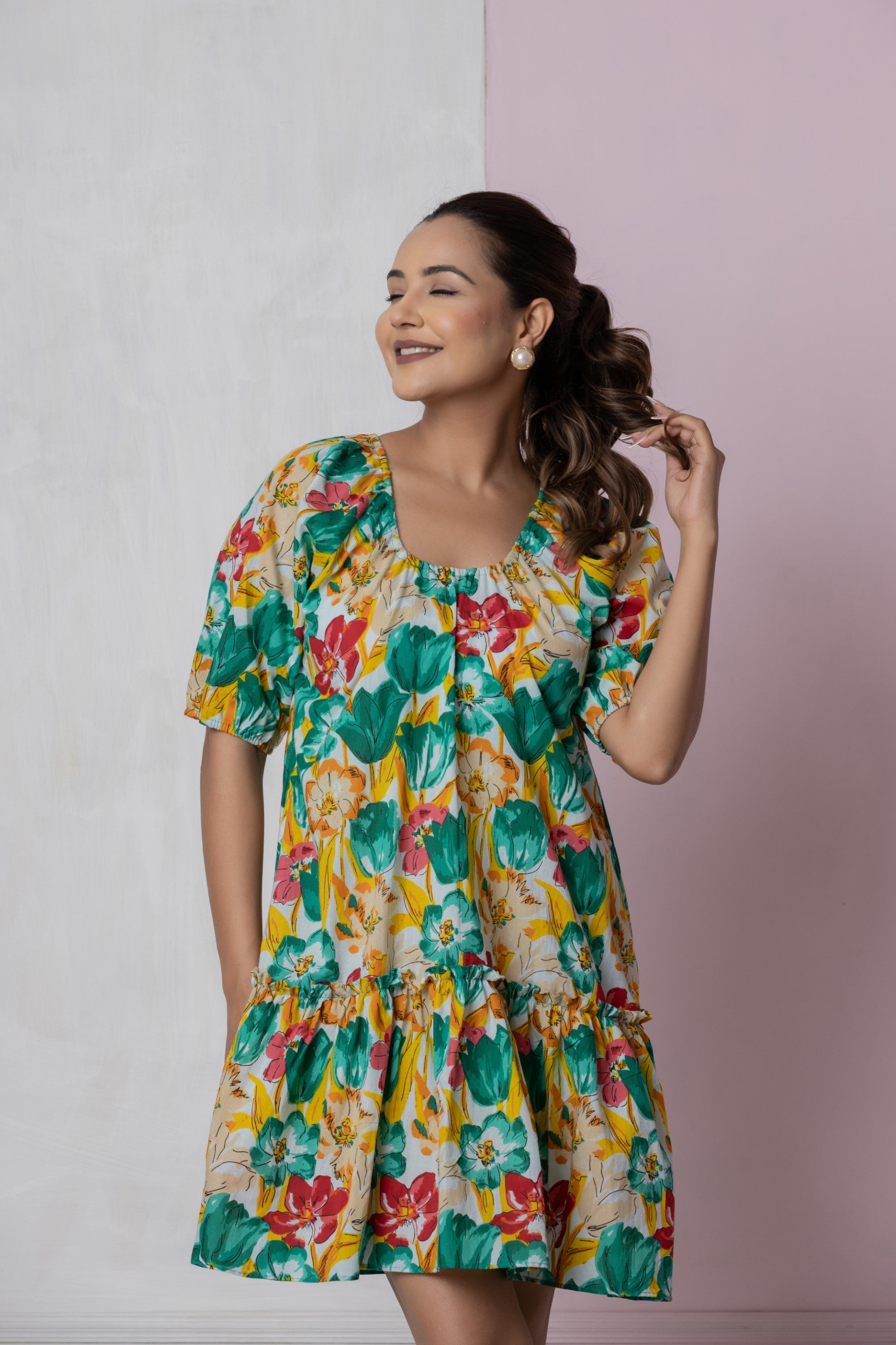 Vibrant Floral Puff Sleeve Dress.
