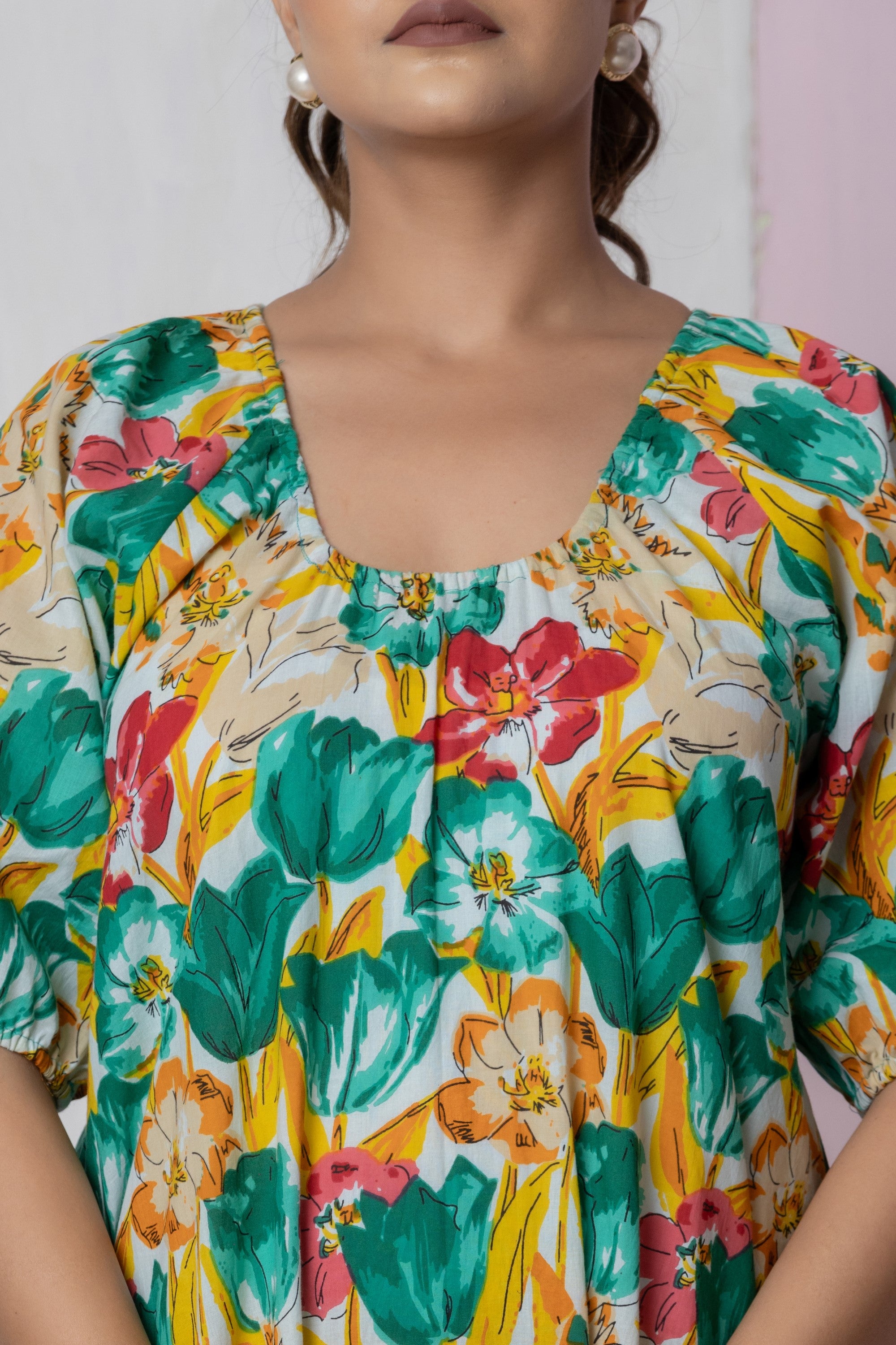 Vibrant Floral Puff Sleeve Dress.