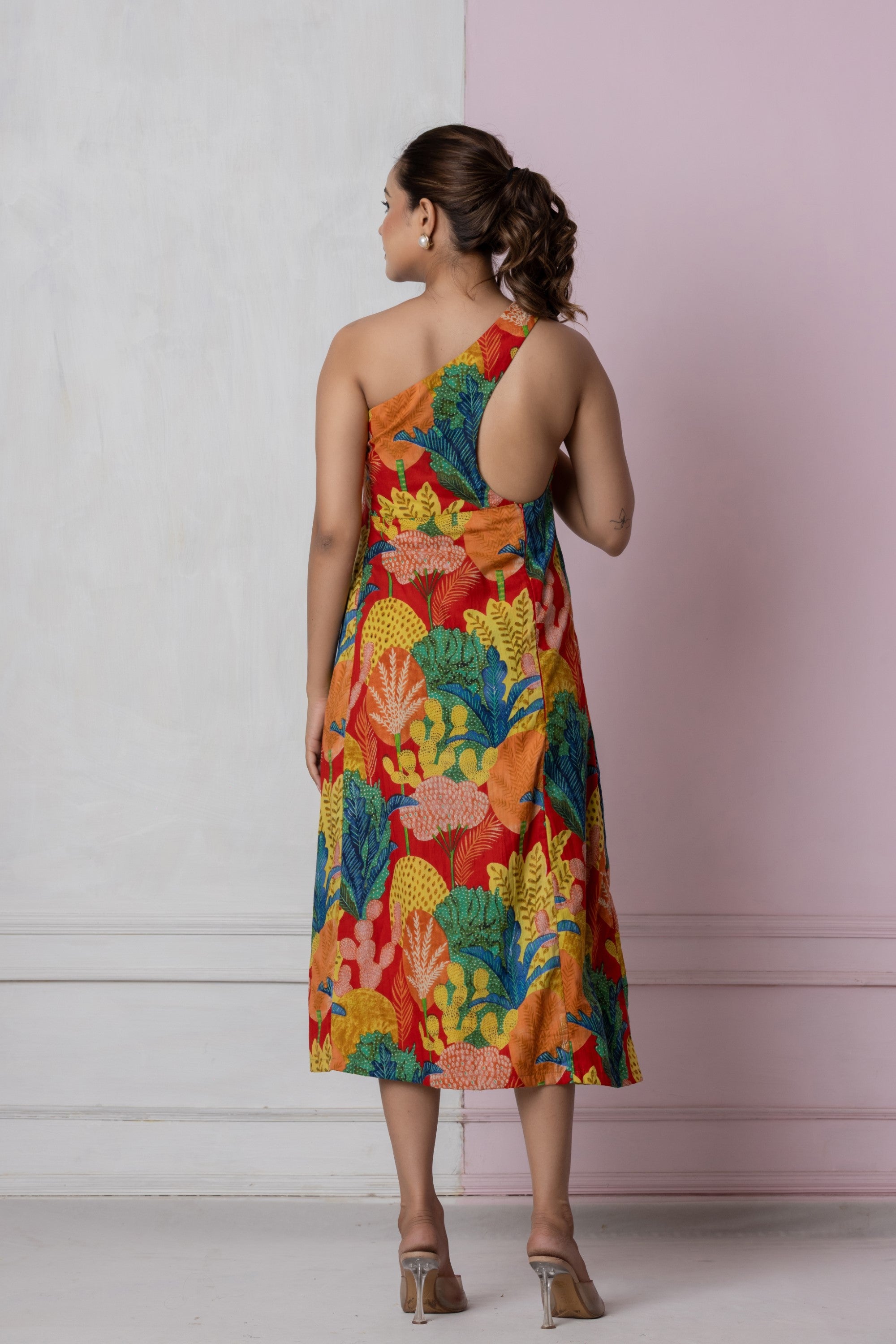Tropical One-Shoulder Midi Dress