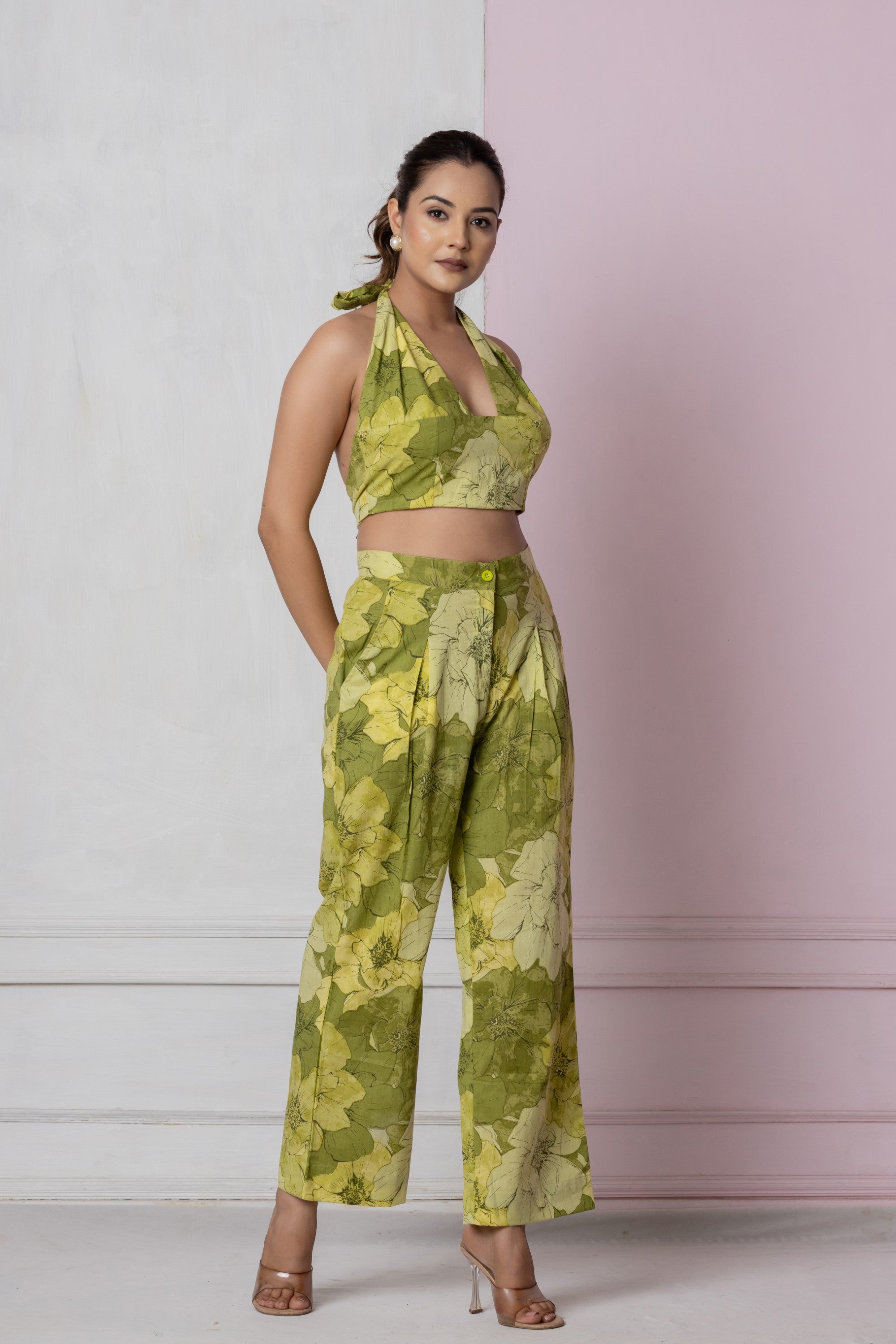 Olive Bloom Halter Co-ord Set (Trousers)