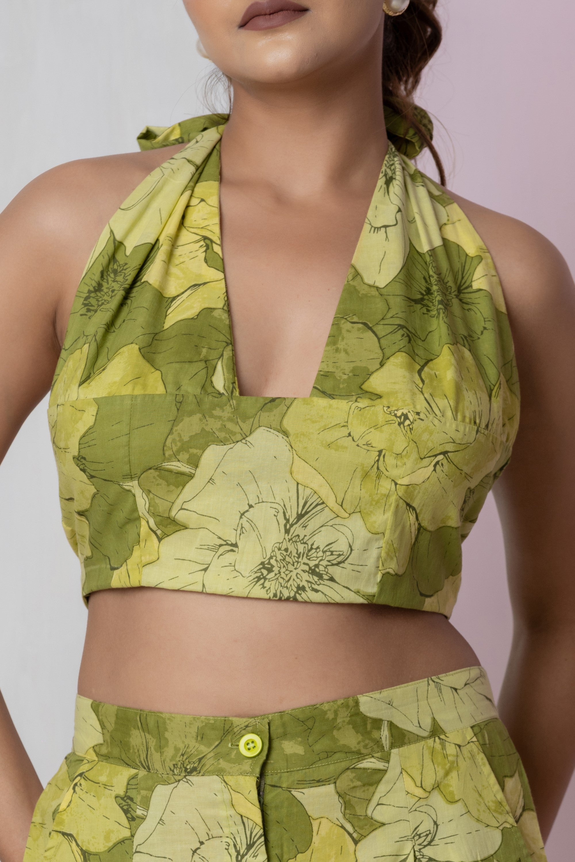 Olive Bloom Halter Co-ord Set (Trousers)