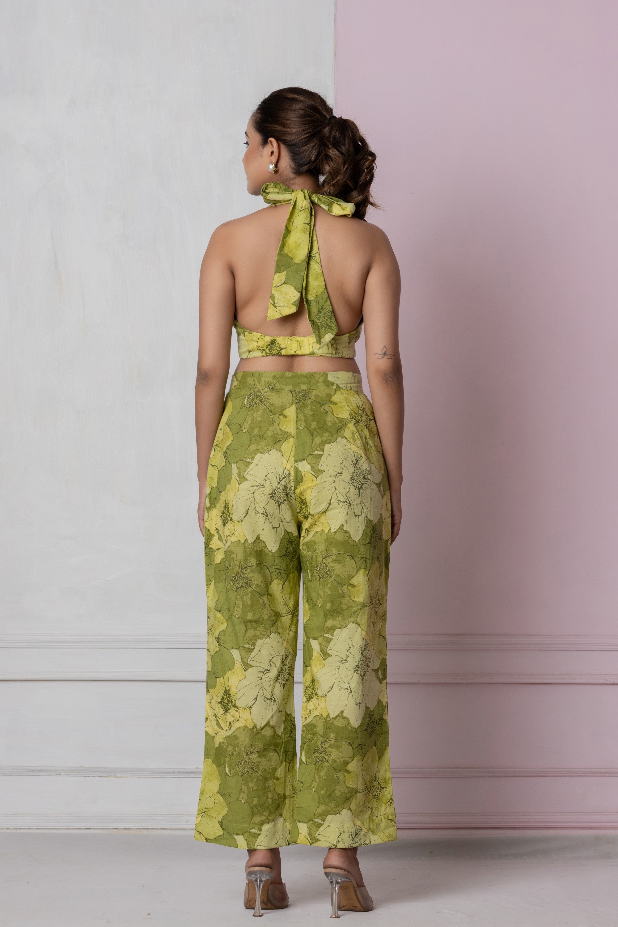 Olive Bloom Halter Co-ord Set (Trousers)