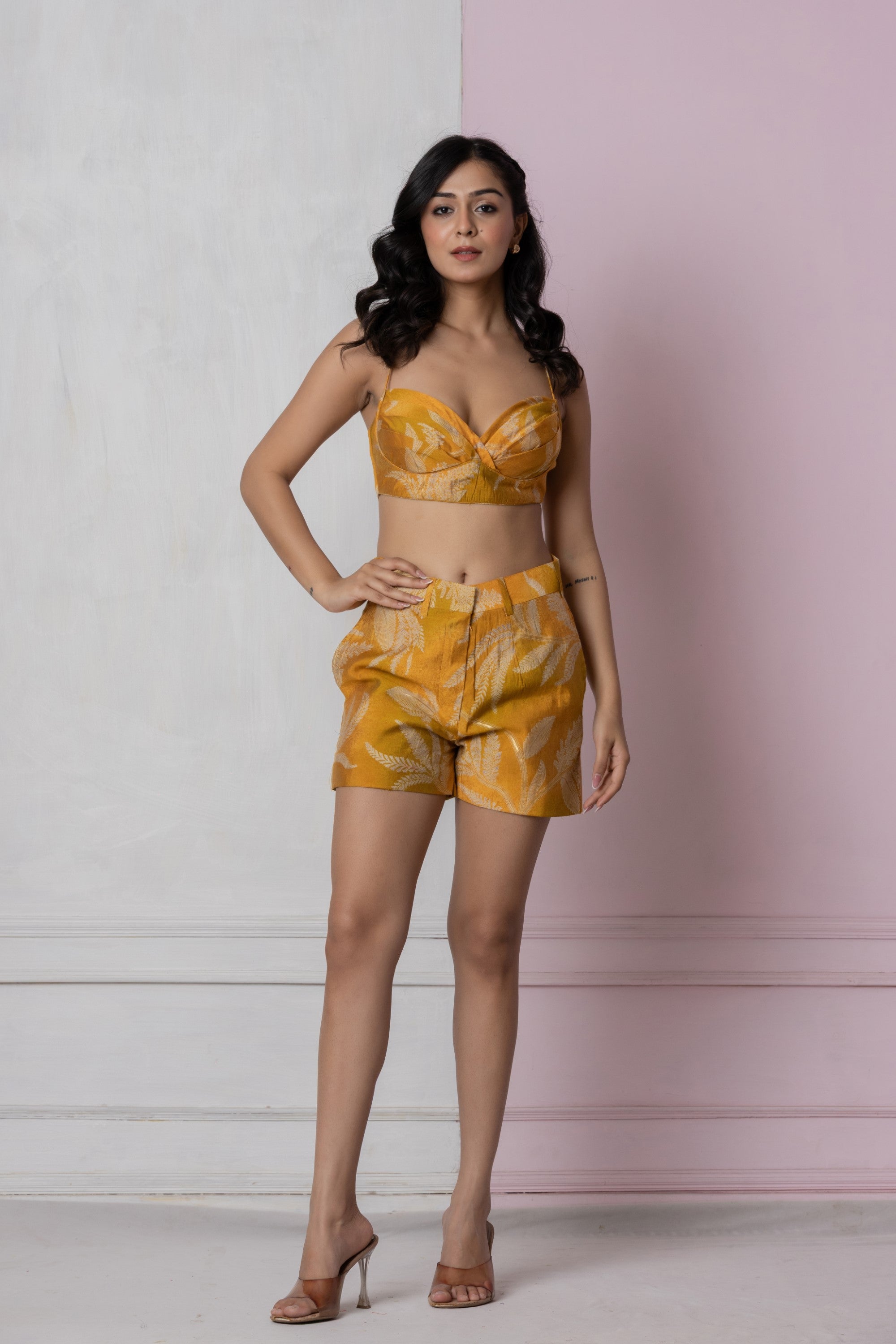 Mustard Botanical Bralette and Shorts Set