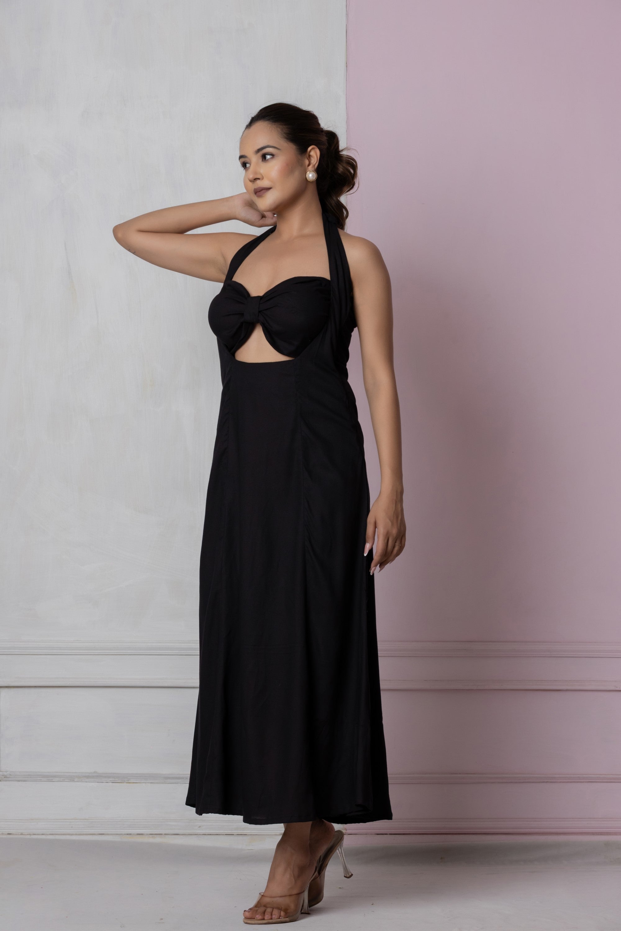 Black Halter Neck Bow Cutout Maxi Dress