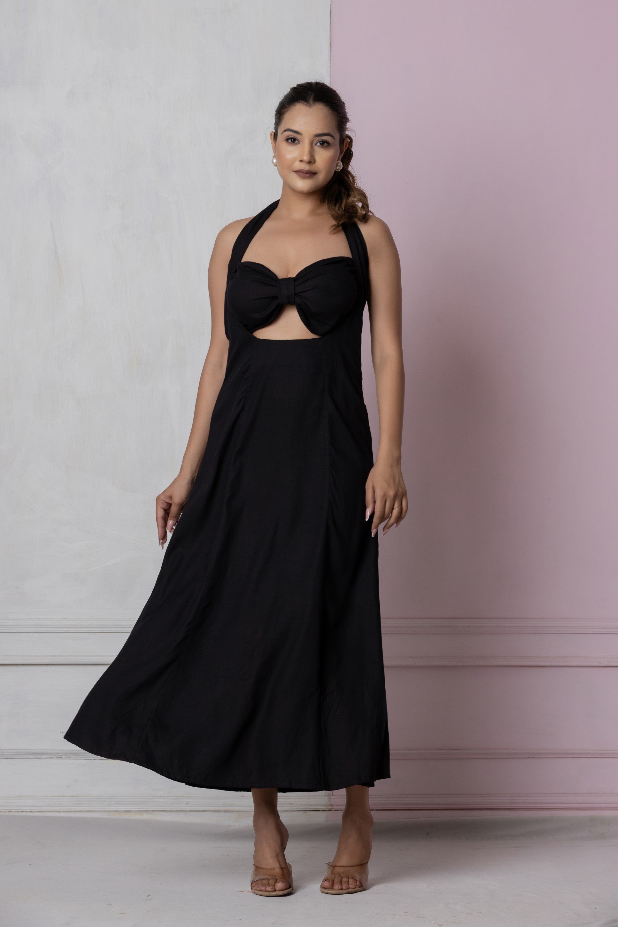 Black Halter Neck Bow Cutout Maxi Dress