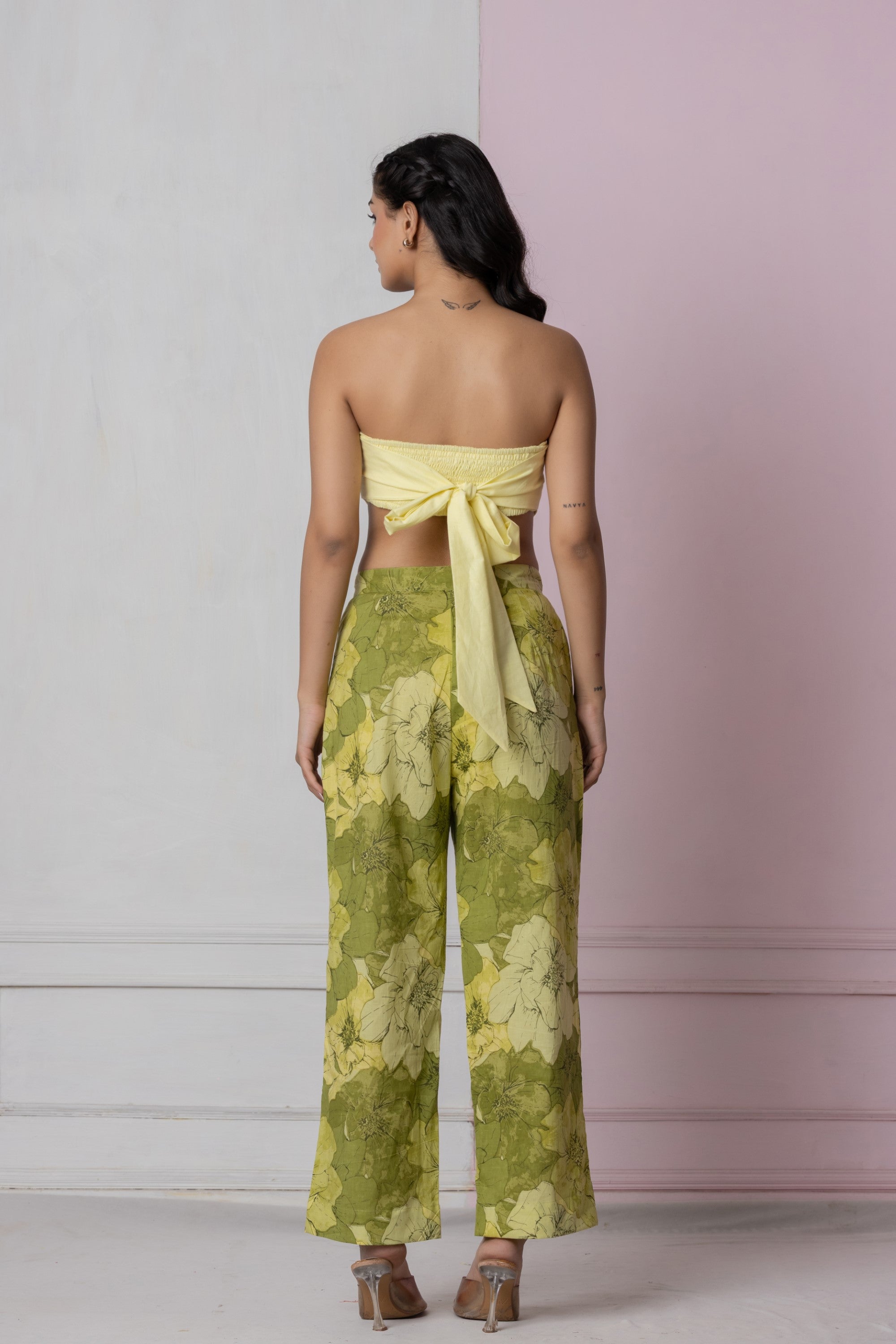 Lemon Yellow Tie-Back Tube Top with Green Floral Wide-Leg Pants (Co-ord Set)