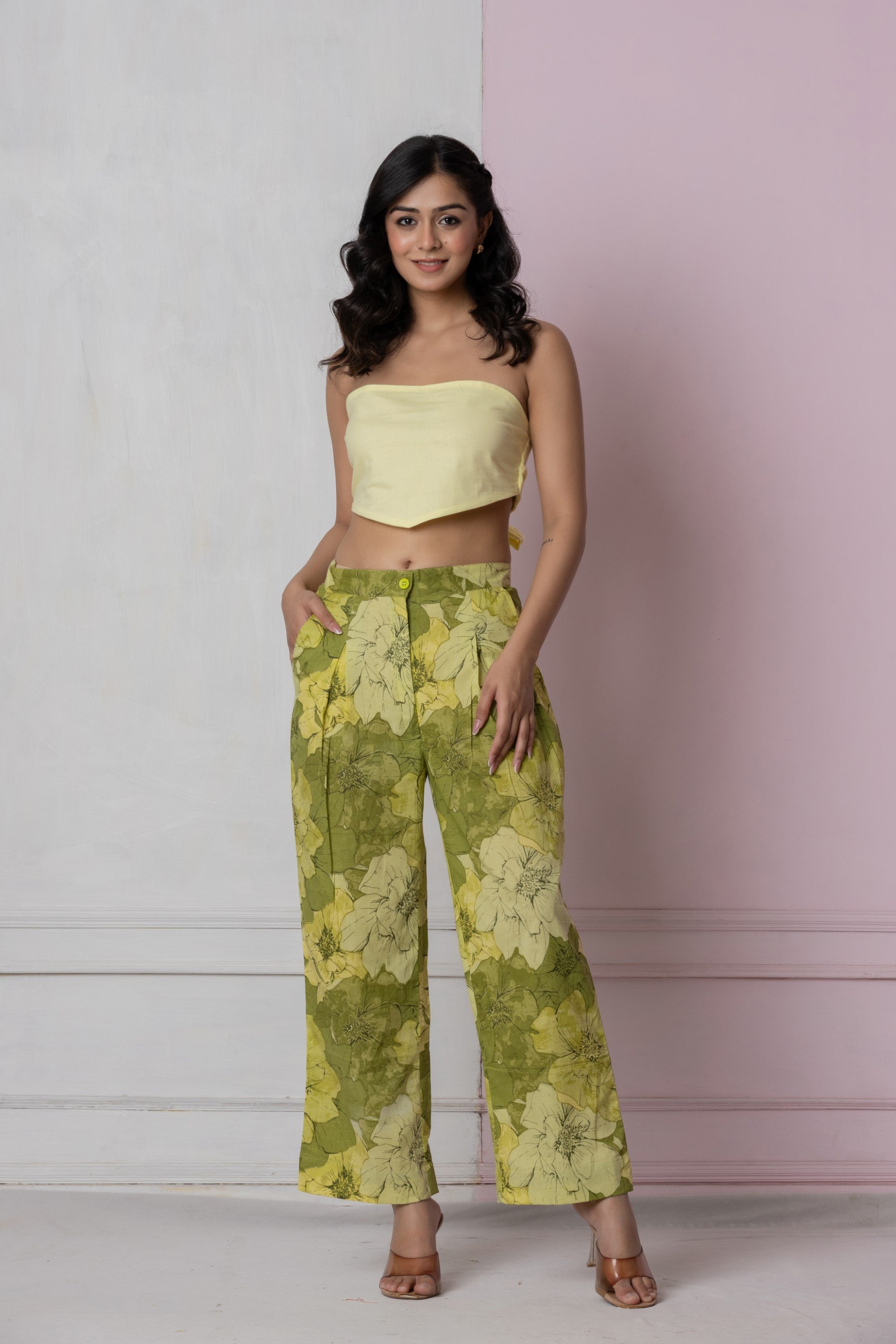 Lemon Yellow Tie-Back Tube Top with Green Floral Wide-Leg Pants (Co-ord Set)