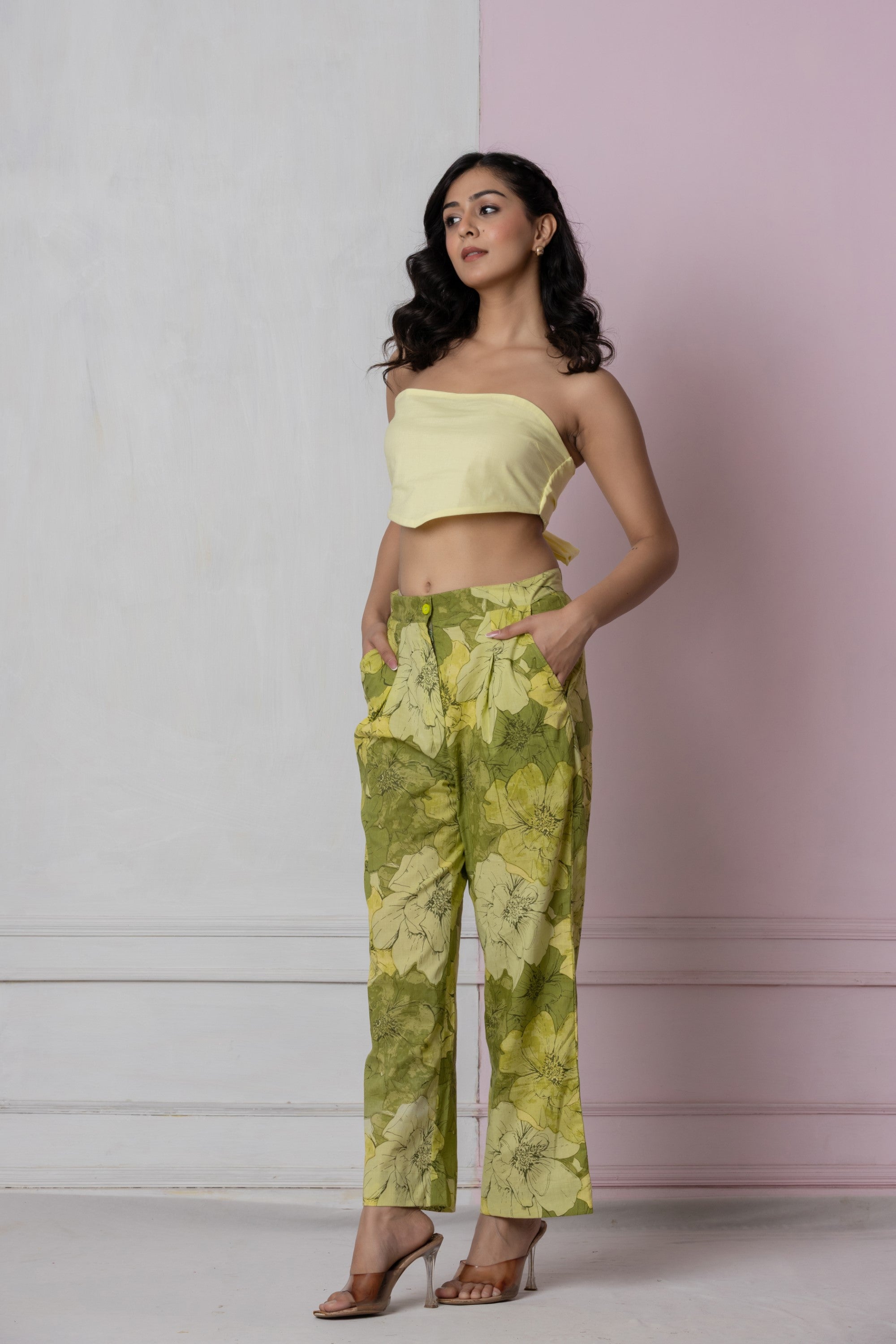 Lemon Yellow Tie-Back Tube Top with Green Floral Wide-Leg Pants (Co-ord Set)