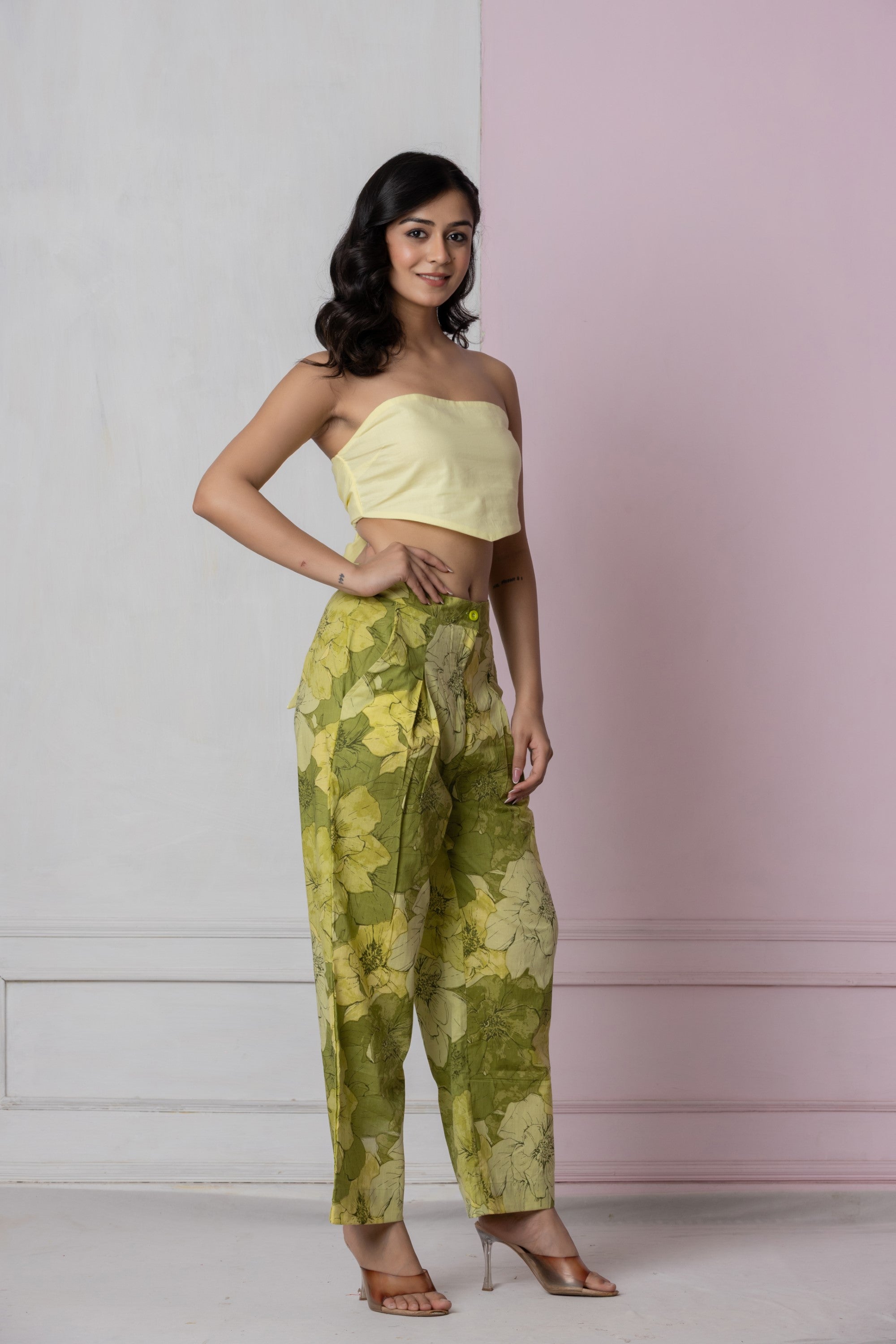 Lemon Yellow Tie-Back Tube Top with Green Floral Wide-Leg Pants (Co-ord Set)