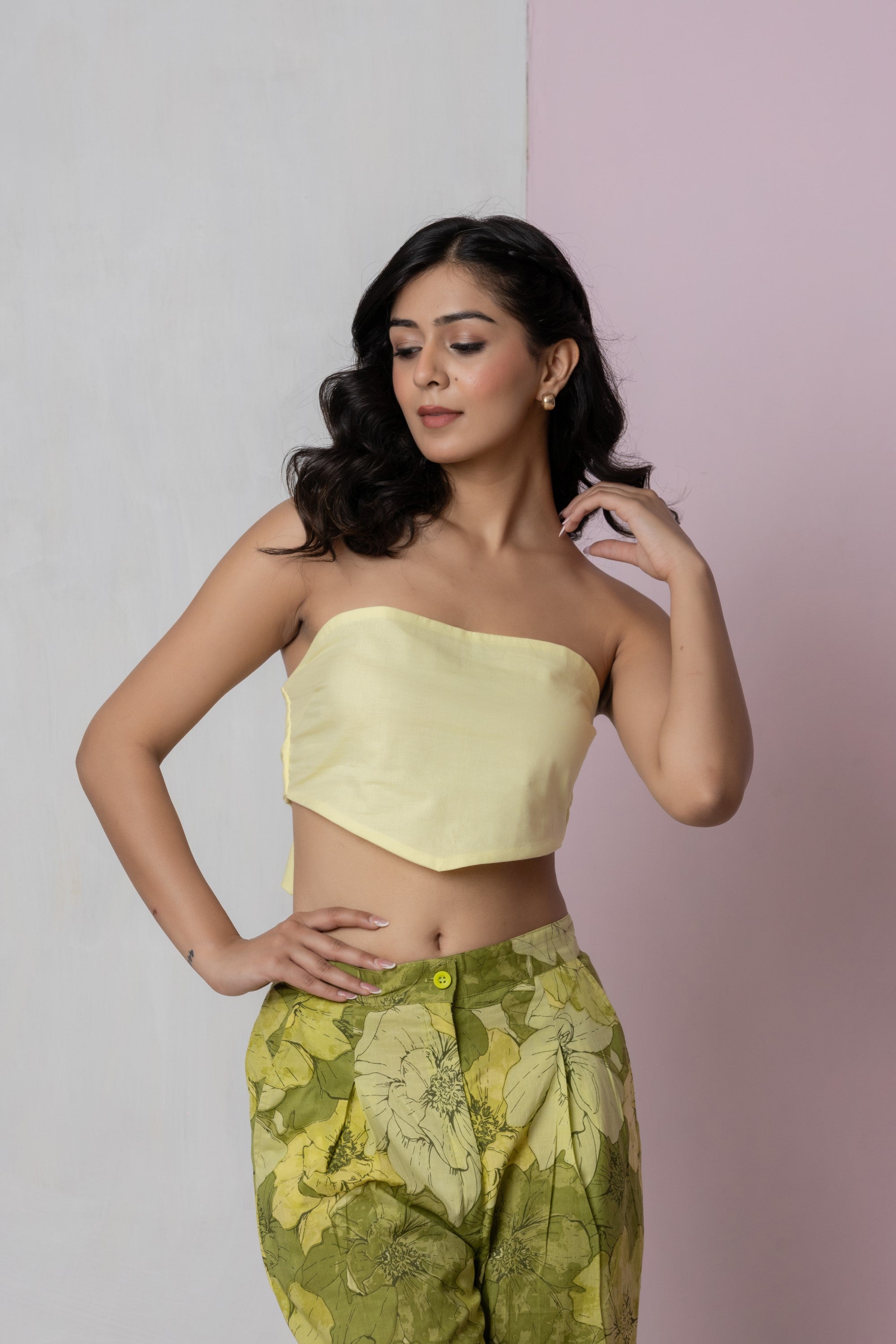 Lemon Yellow Tie-Back Tube Top with Green Floral Wide-Leg Pants (Co-ord Set)