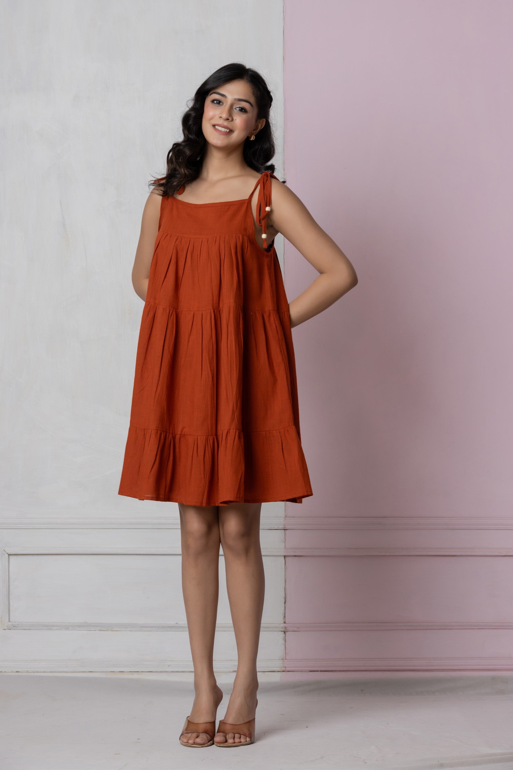 Rust Flowy Tiered Short Dress