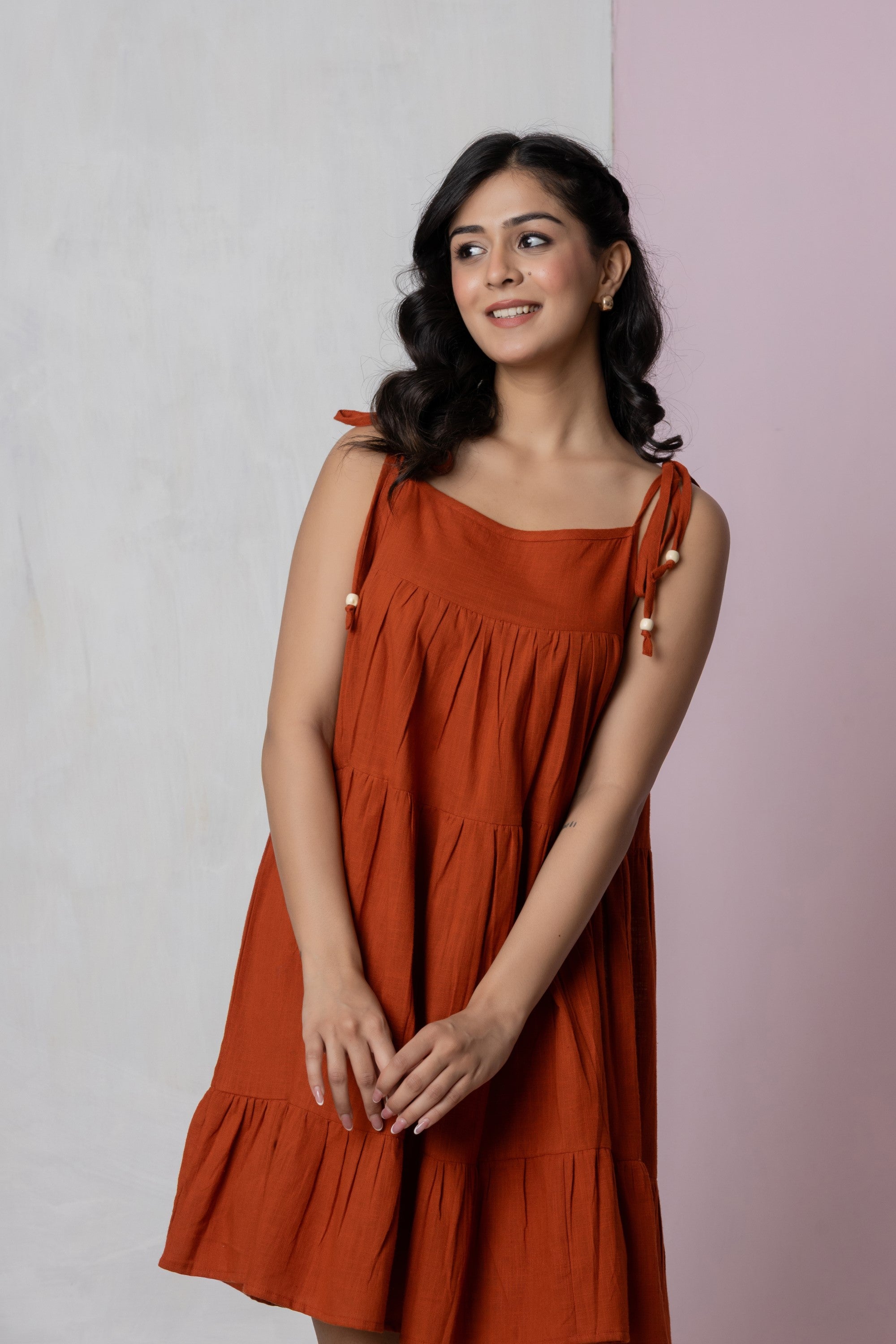 Rust Flowy Tiered Short Dress
