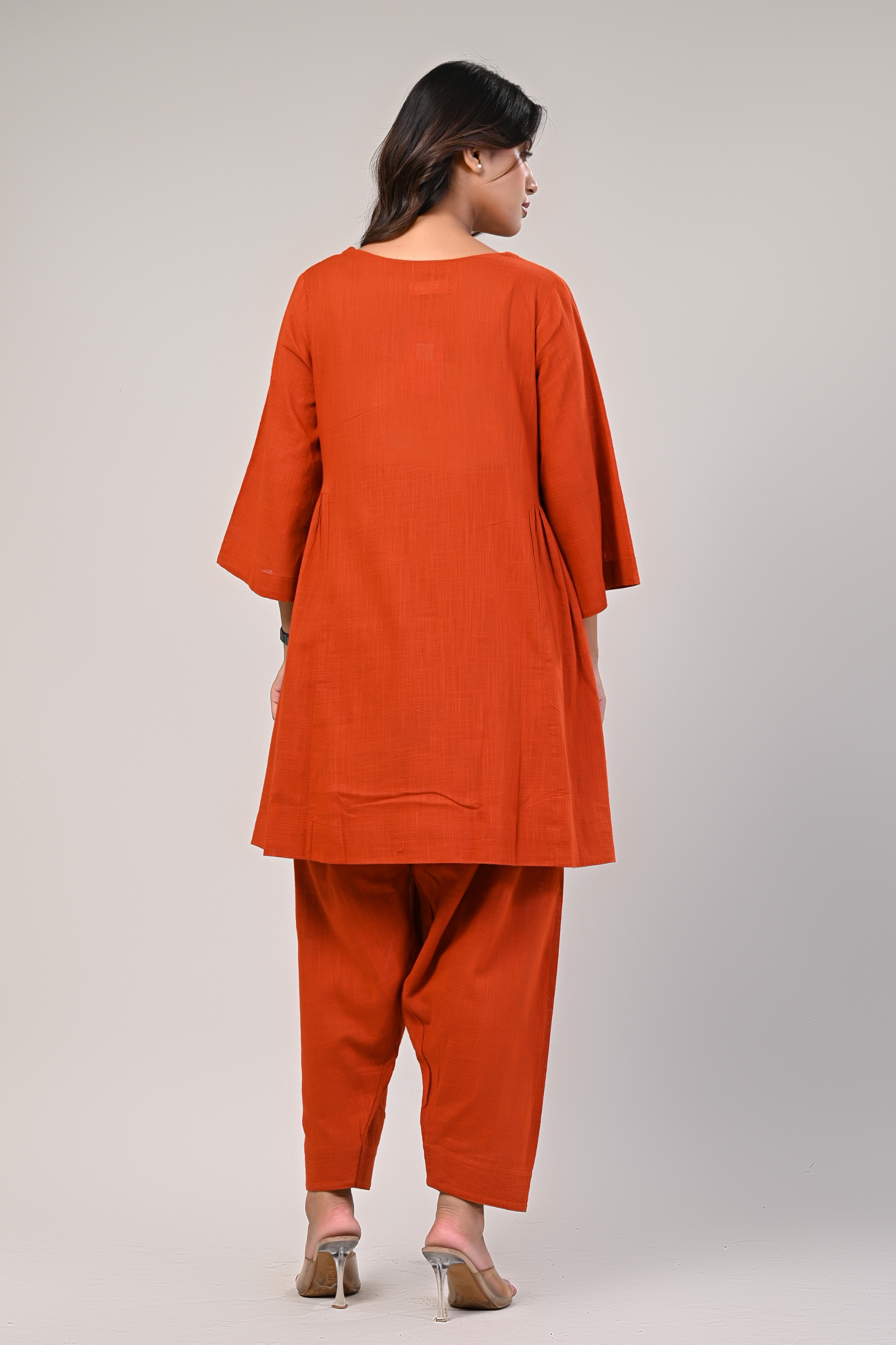 Orange V-neck Pleated Kurta With Afghani Pants