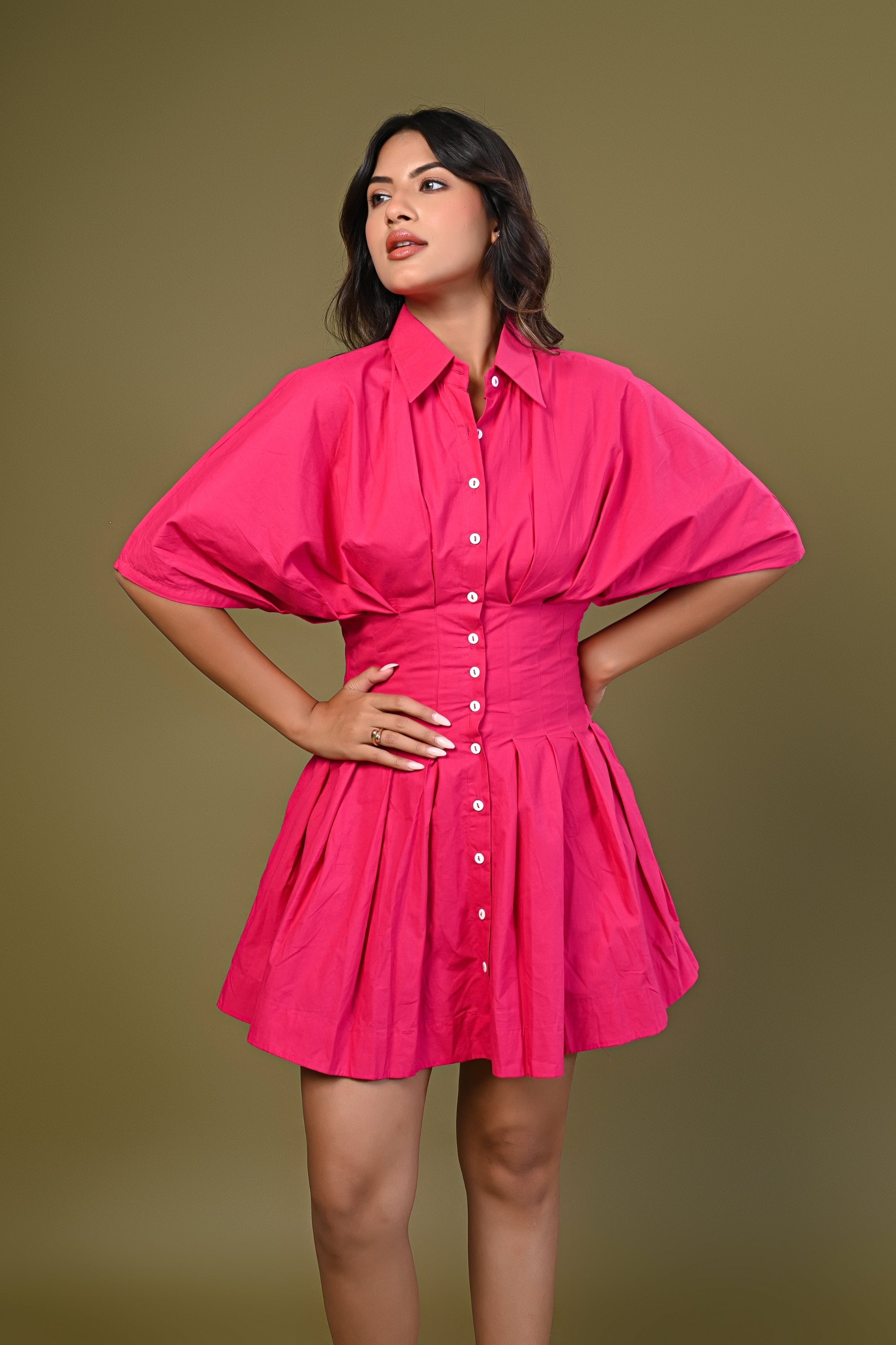Short Buttoned A-Line Shirt Dress – Hot Pink