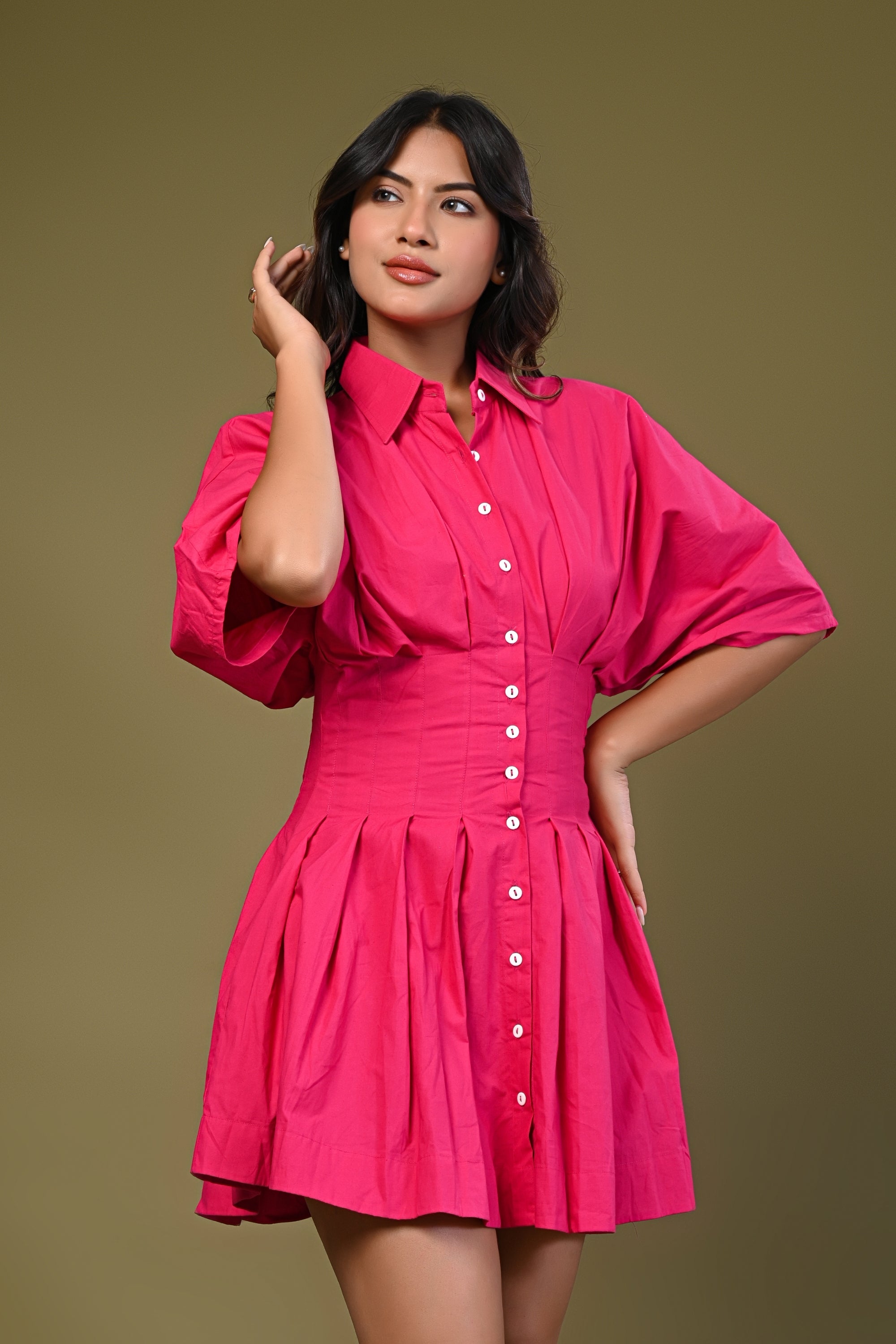 Short Buttoned A-Line Shirt Dress – Hot Pink