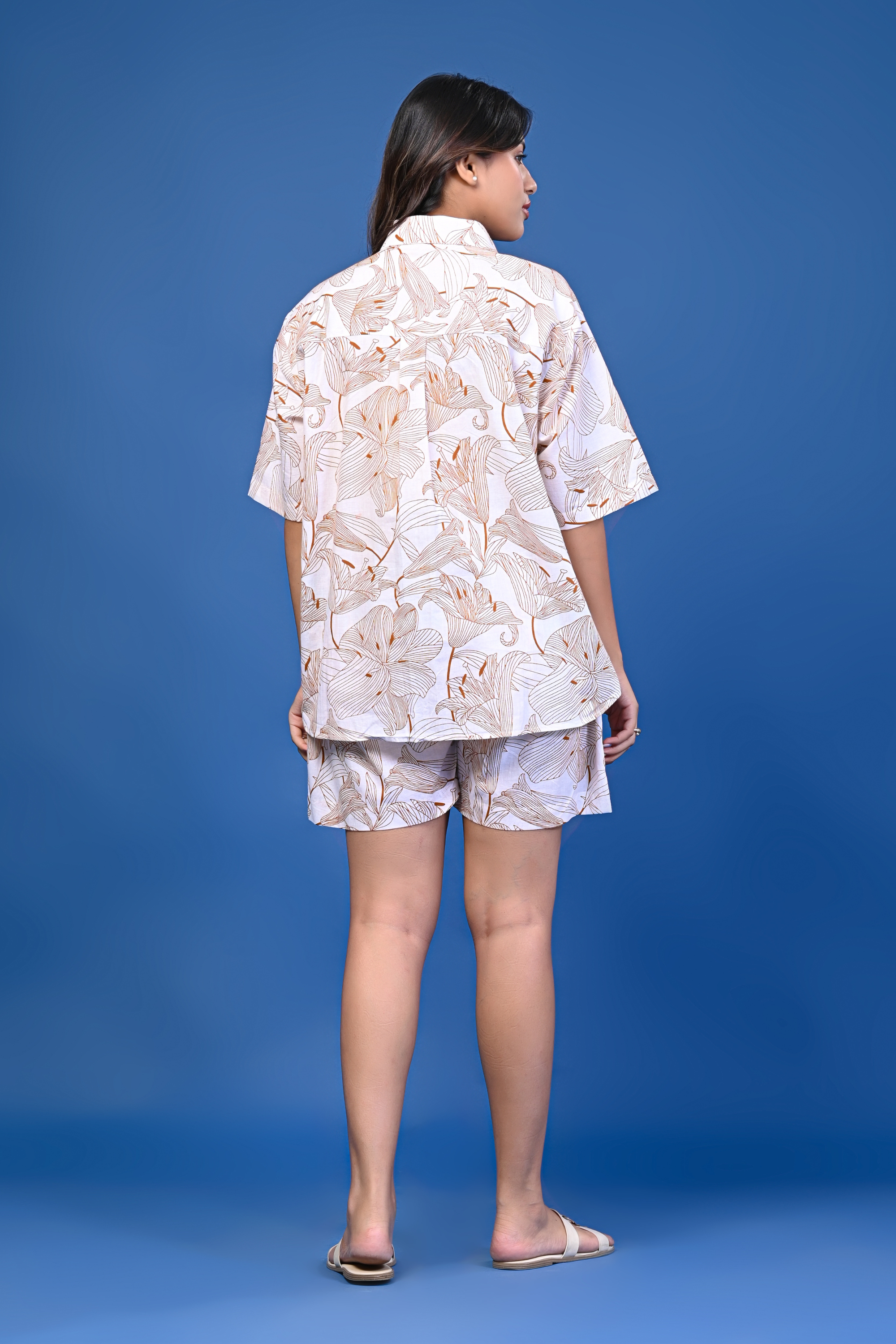 Beige & White Printed Co-ord Shorts Set