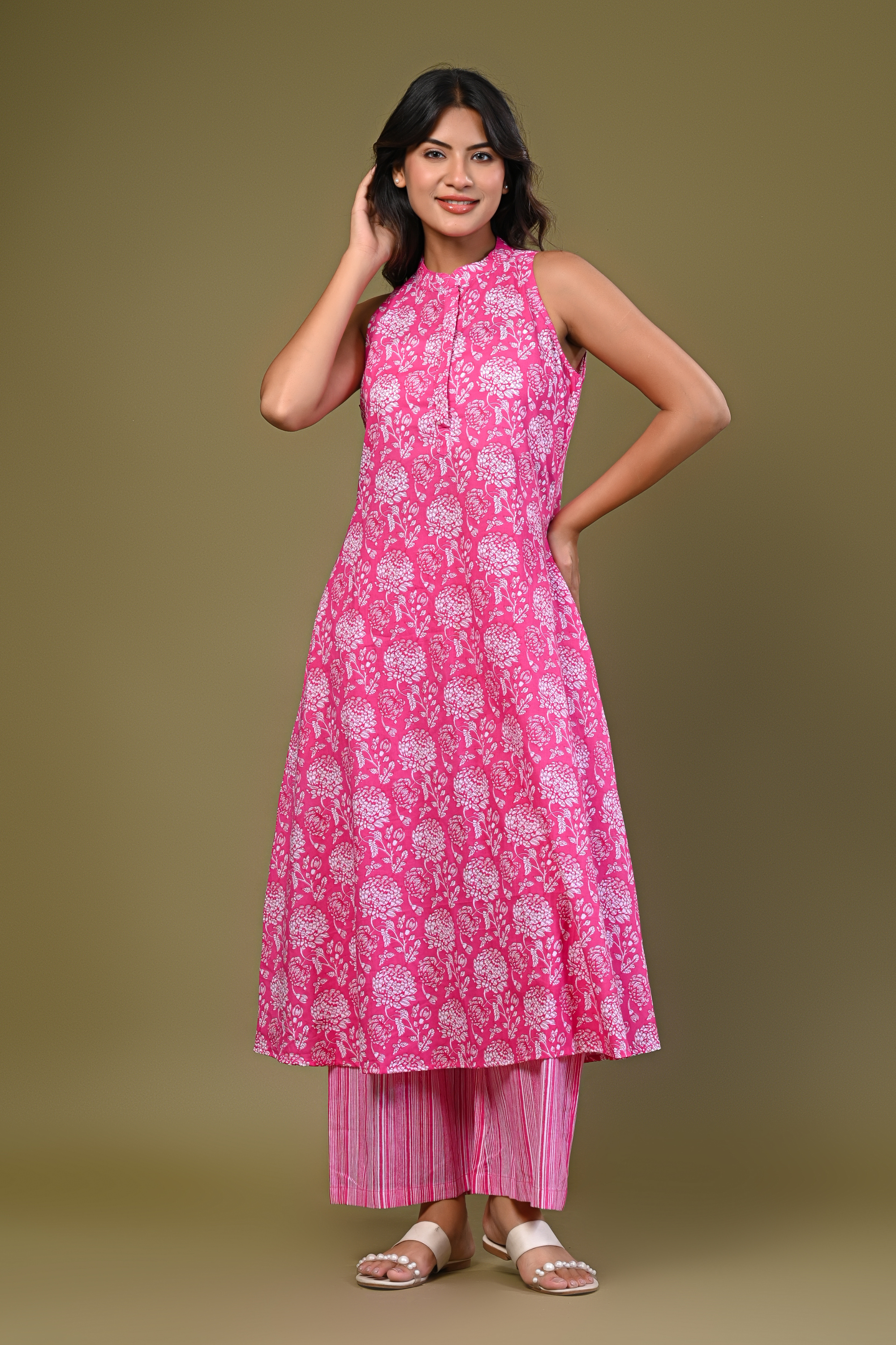 Pink Sleeveless Kurta with Printed Palazzo Set